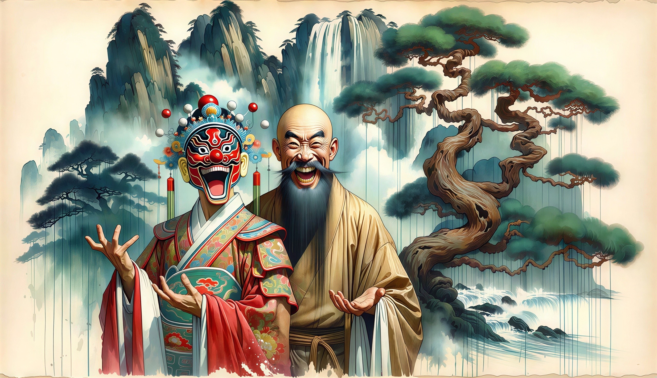 Digital Watercolor of Chinese Opera Singer and Monk