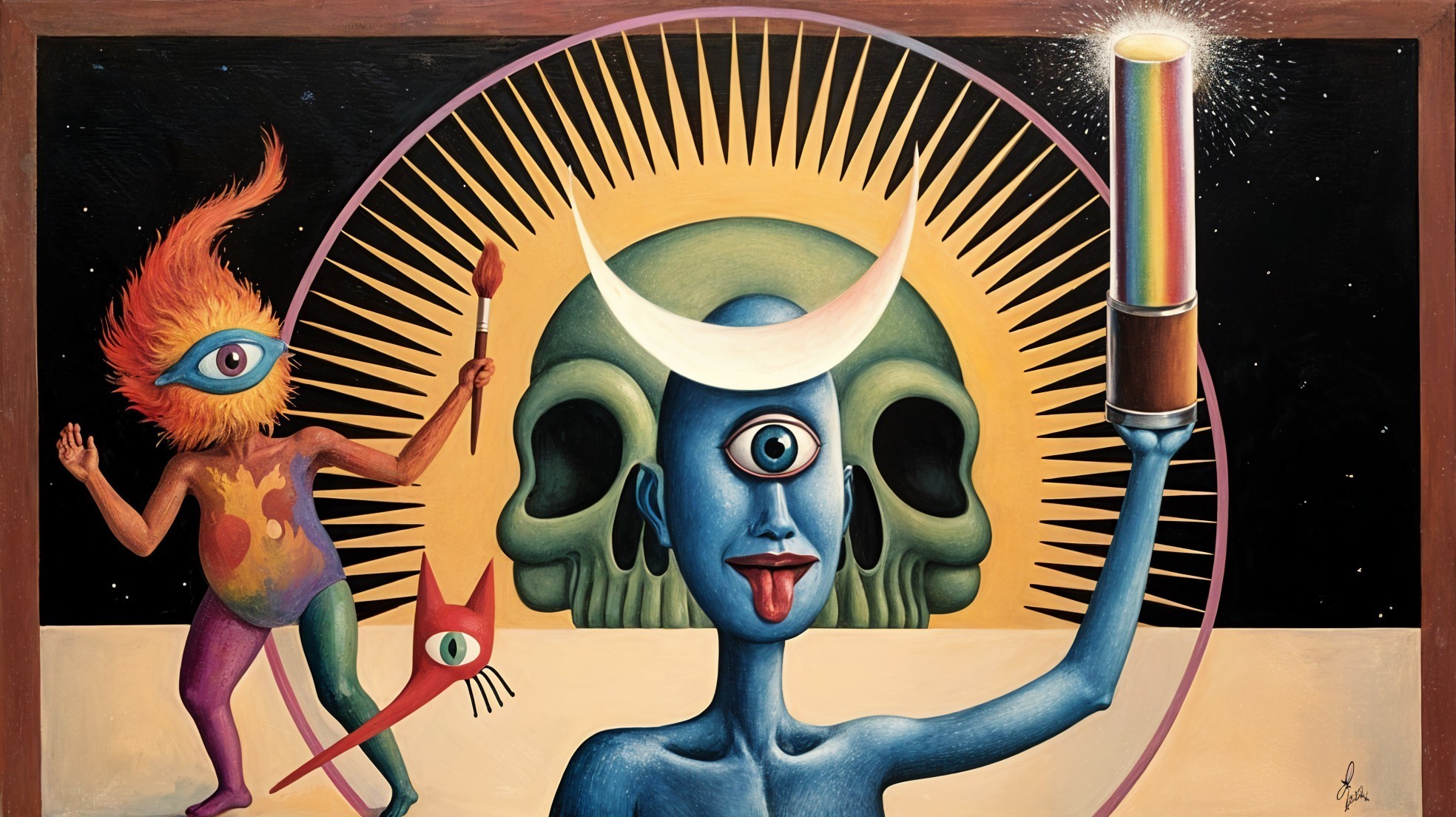 Surreal Artwork with Blue Figure and Rainbow Torch