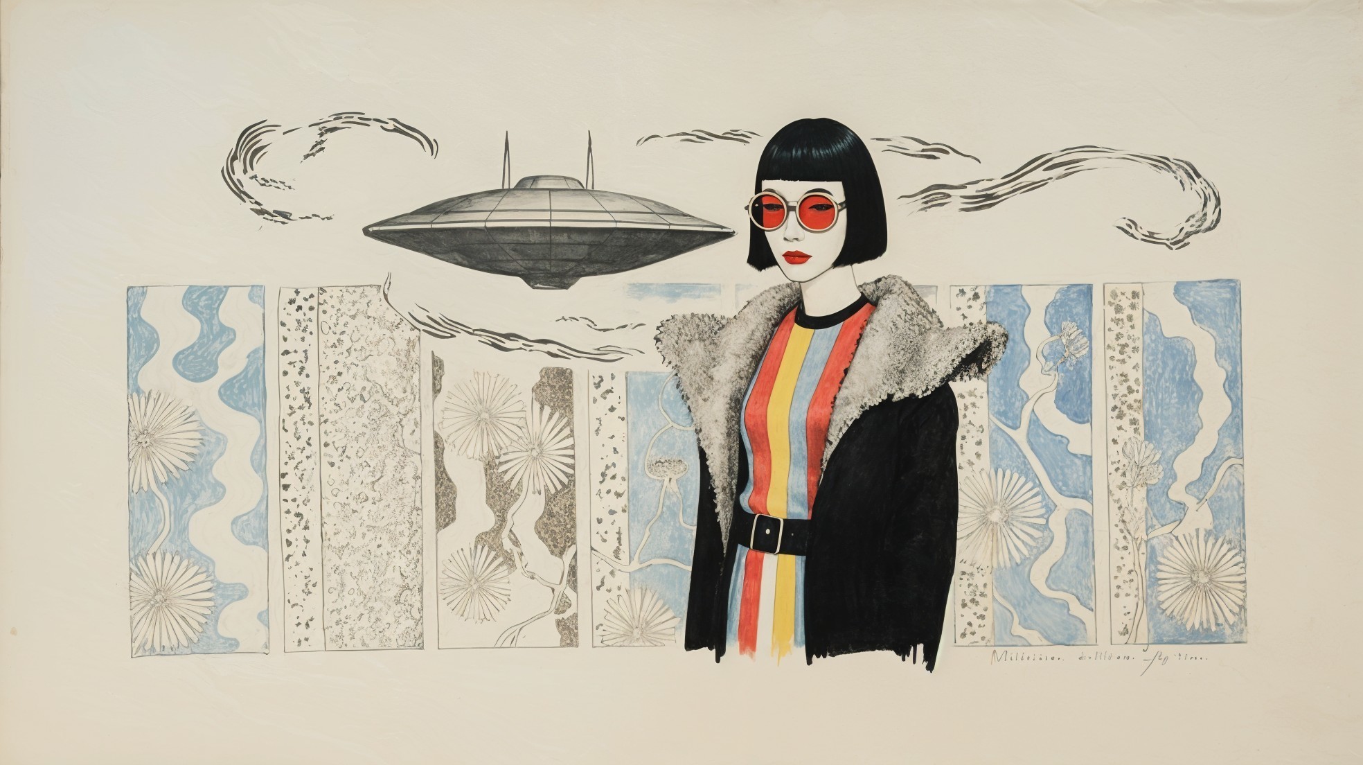 Stylish woman in striped dress with UFO backdrop