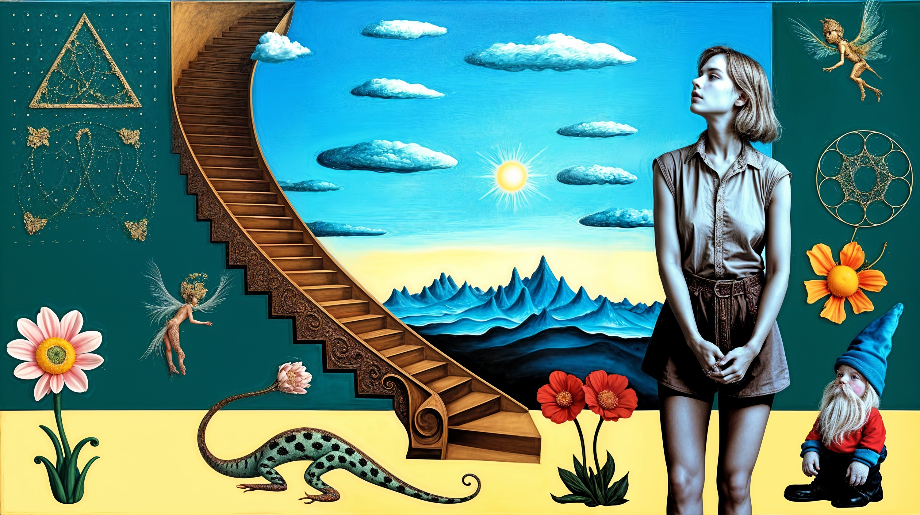 Surreal Artwork with Staircase and Fantasy Elements
