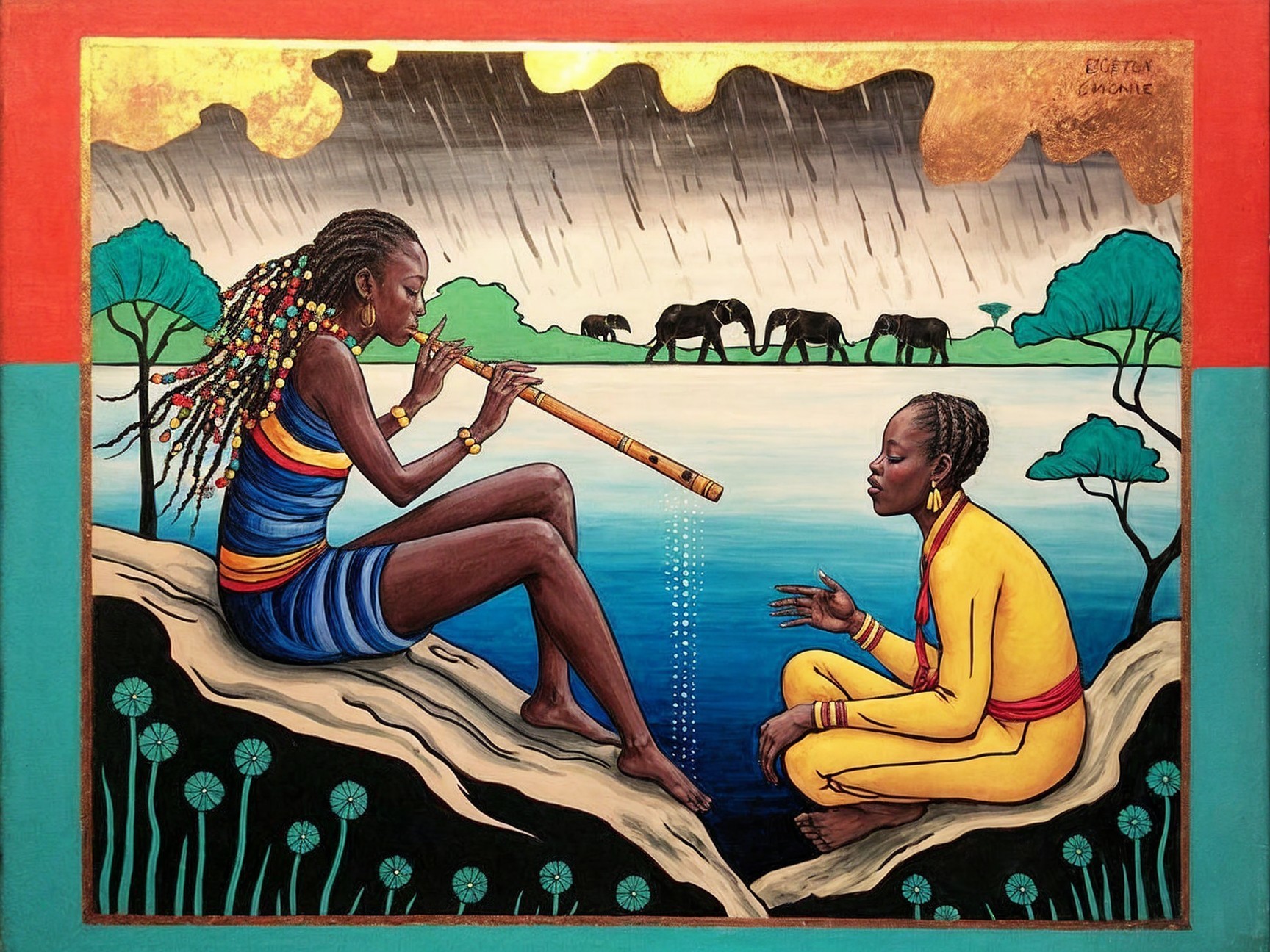 Women by Water with Elephants and Rainstorm Background