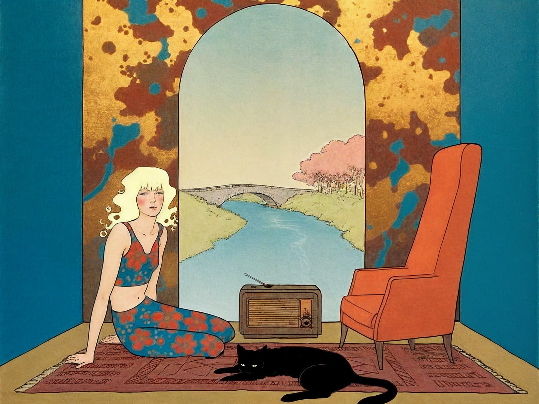 Serene Scene with Woman, Cat, and Tranquil Landscape