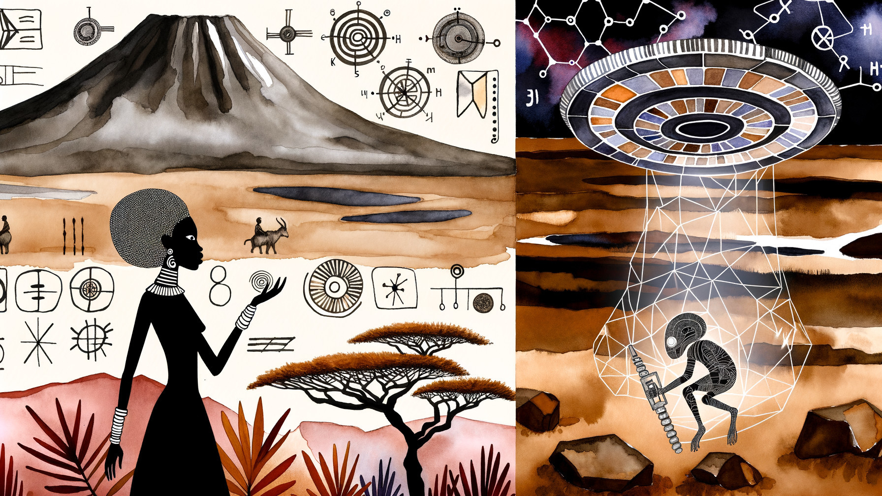 Split Scene of Nature and Alien Encounter Illustration