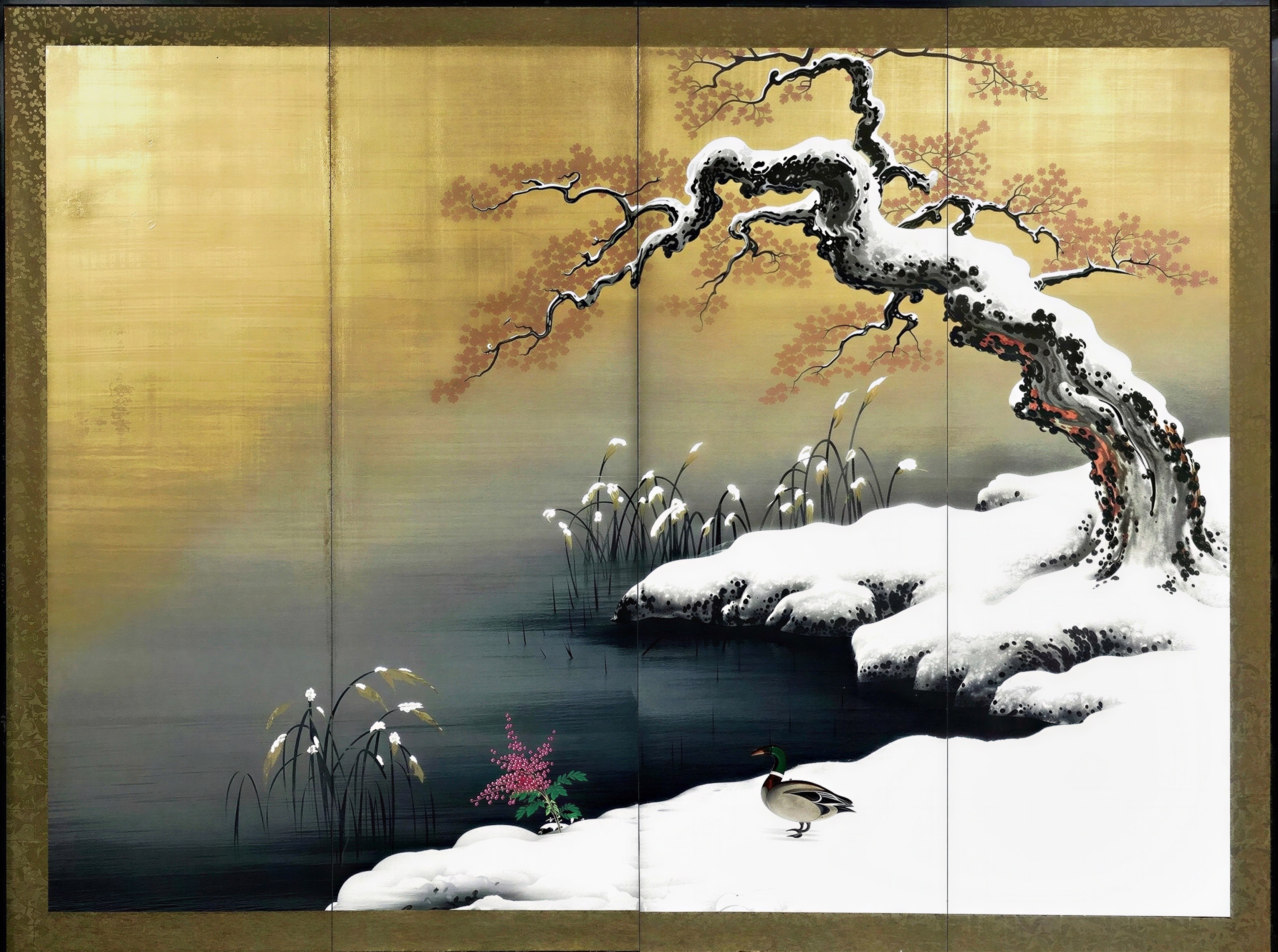 Japanese Landscape Painting of Snowy Lake Scene