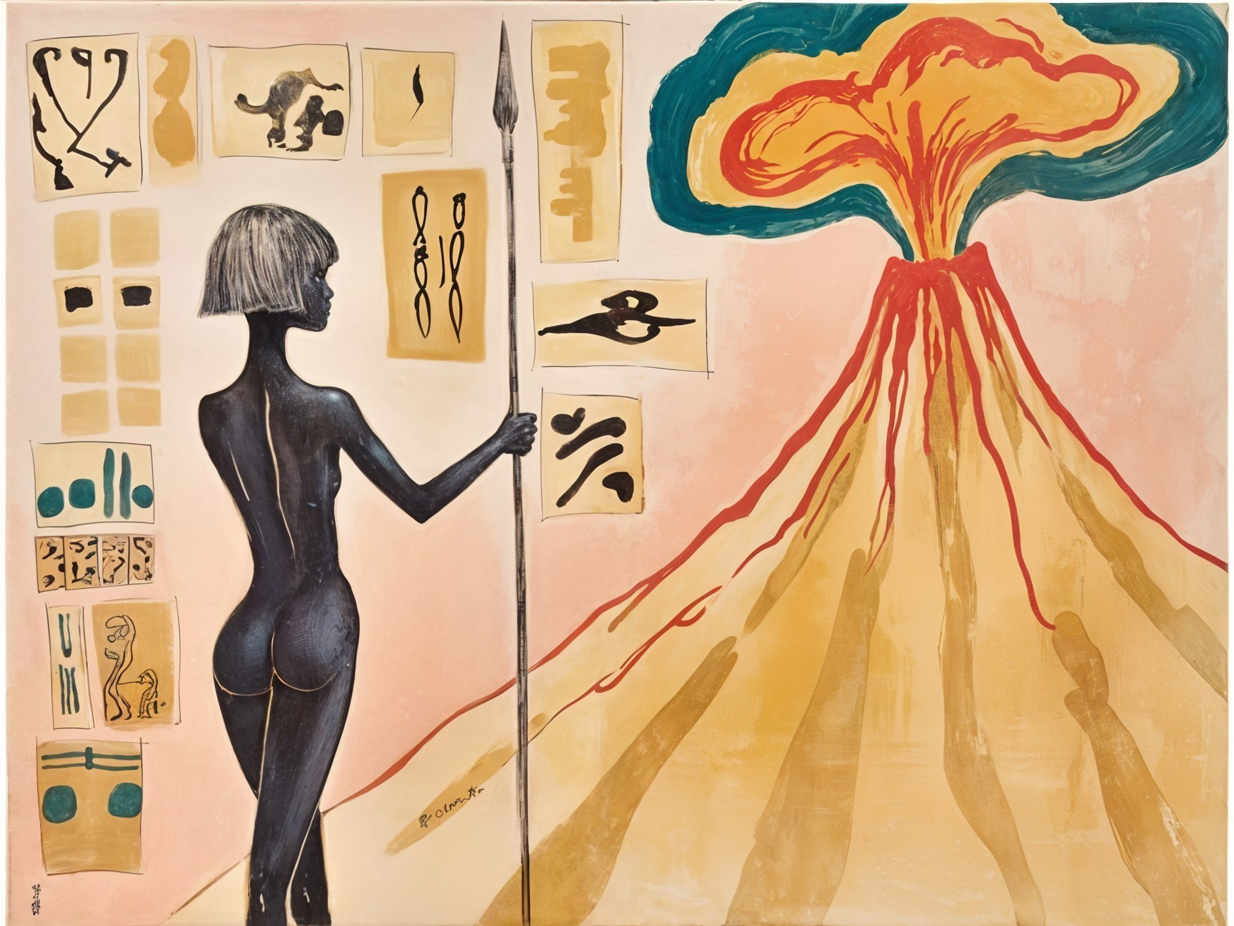 Silhouette with Spear Against Erupting Volcano Scene