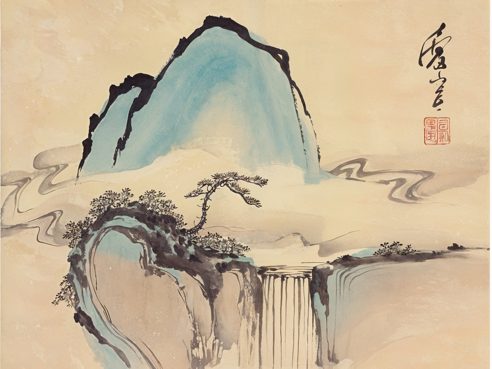 Serene Landscape with Mountains and Waterfall Details