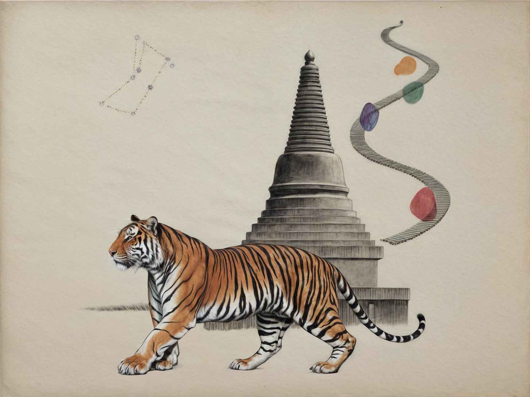 Tiger and Stupa with Celestial Constellation Elements
