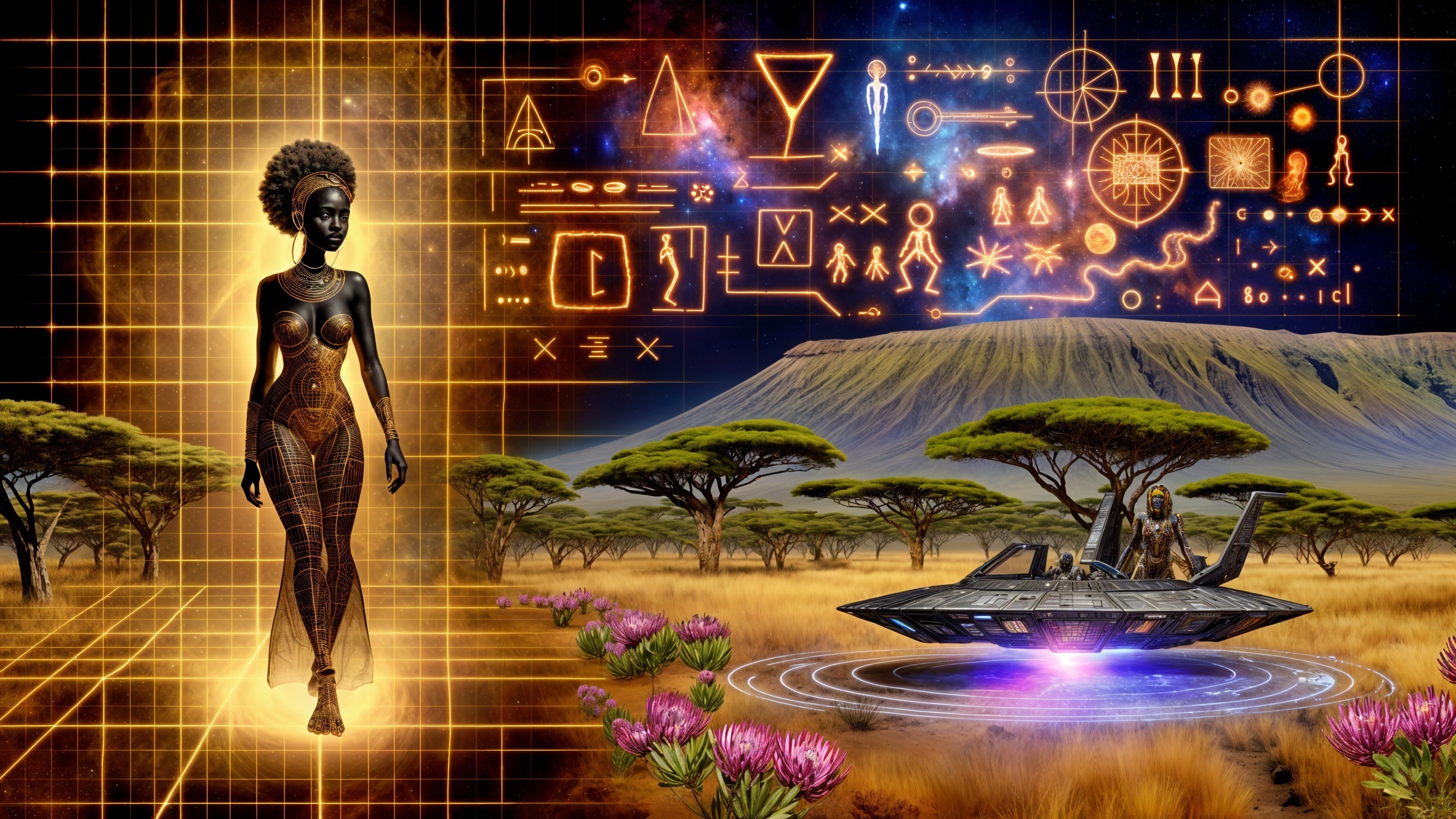 Futuristic Figure in Nature-Technology Landscape