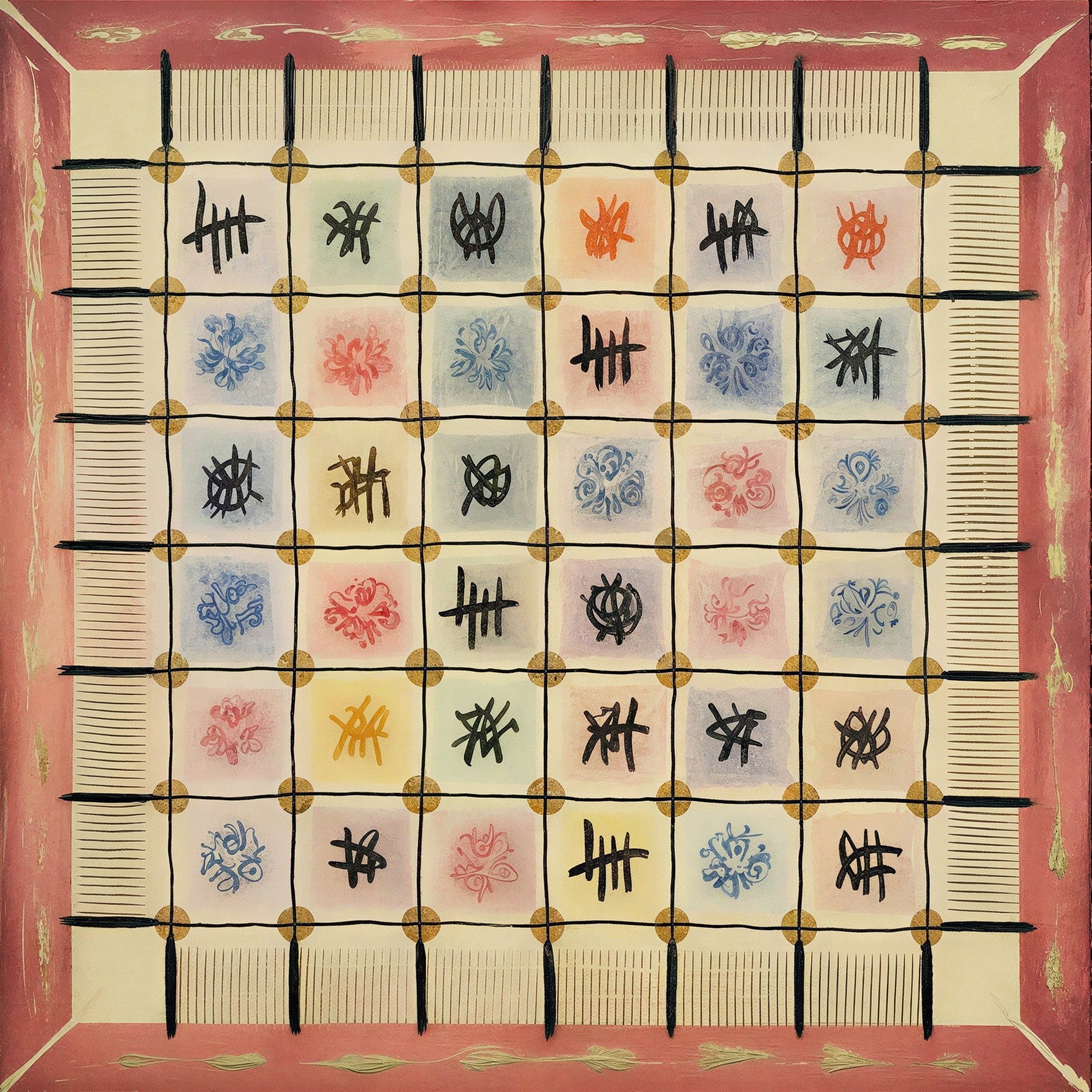 Abstract Painting with Colorful Floral Grid Design