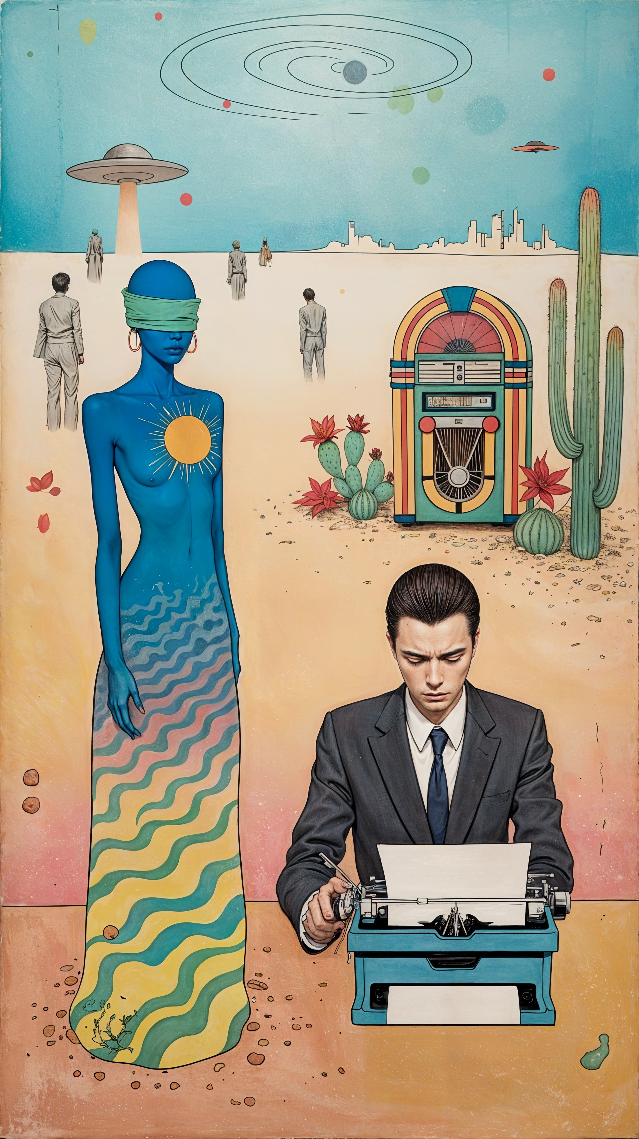 Surreal Desert Scene with Blindfolded Figure and Typewriter