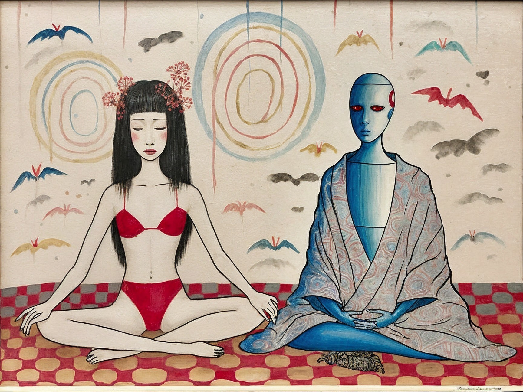 Serene Scene of Woman and Humanoid Figure Together