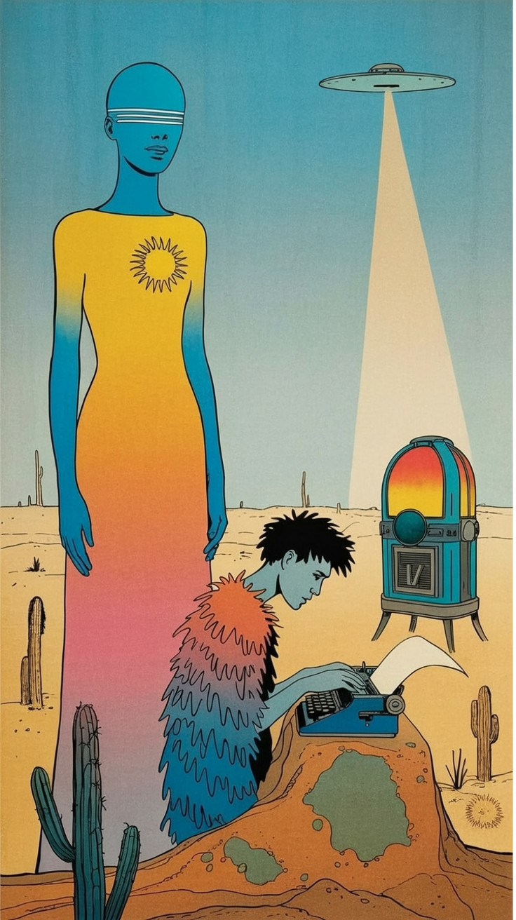 Surreal Desert Scene with Blue Figure and Typewriter