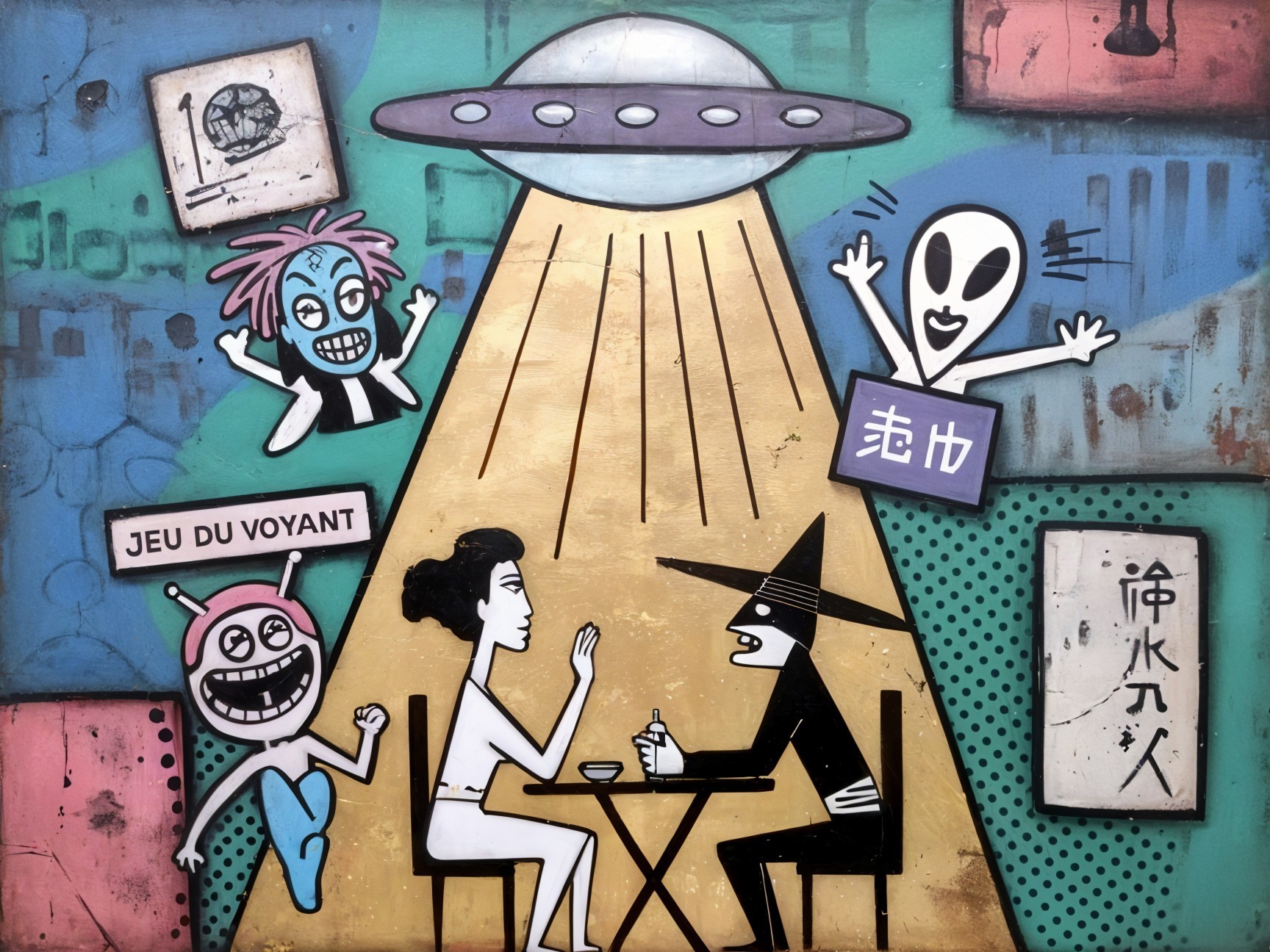 Whimsical Scene with UFO, Characters, and Colorful Backdrop