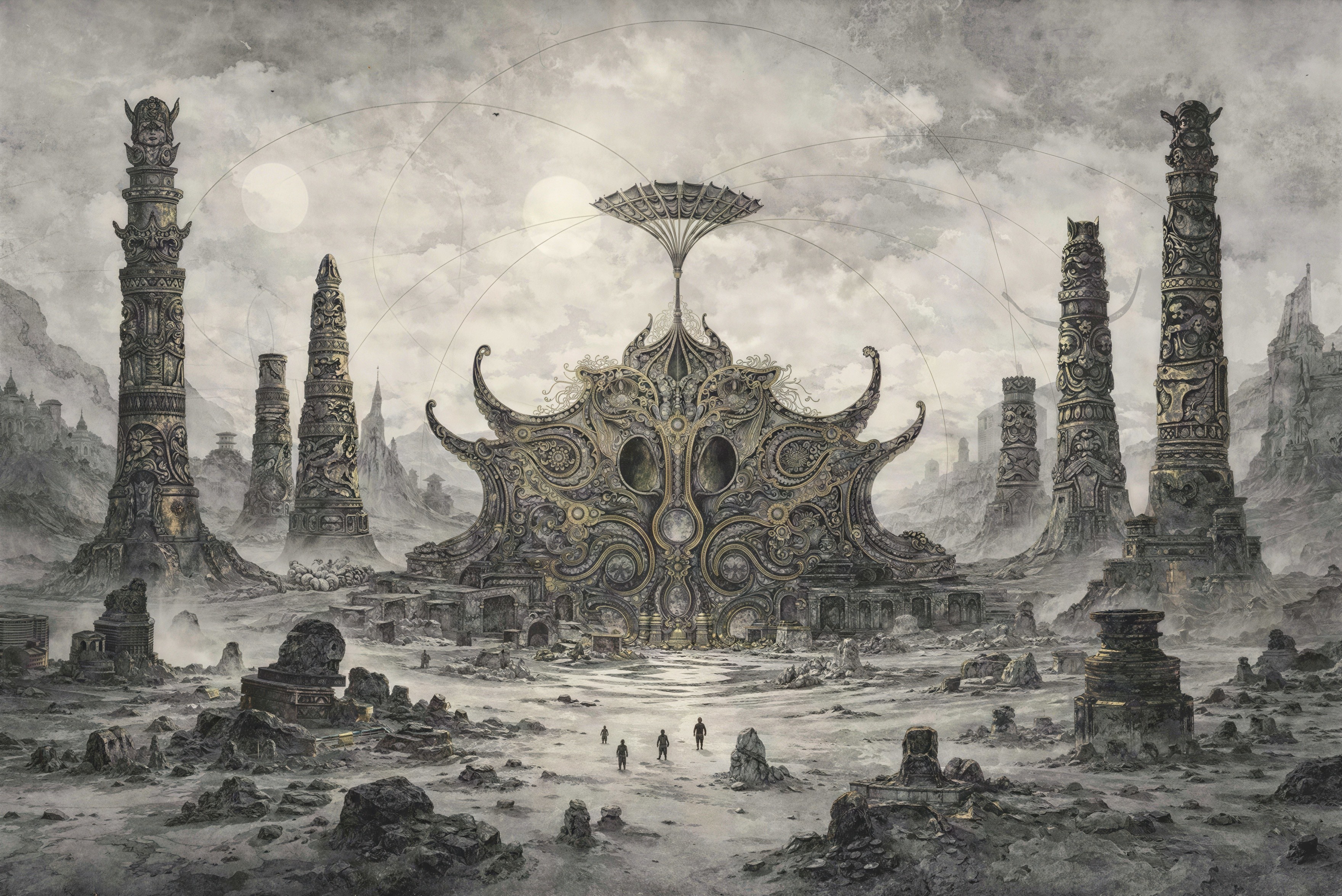 Detailed Pencil Engraving of a Fantasy Temple Landscape