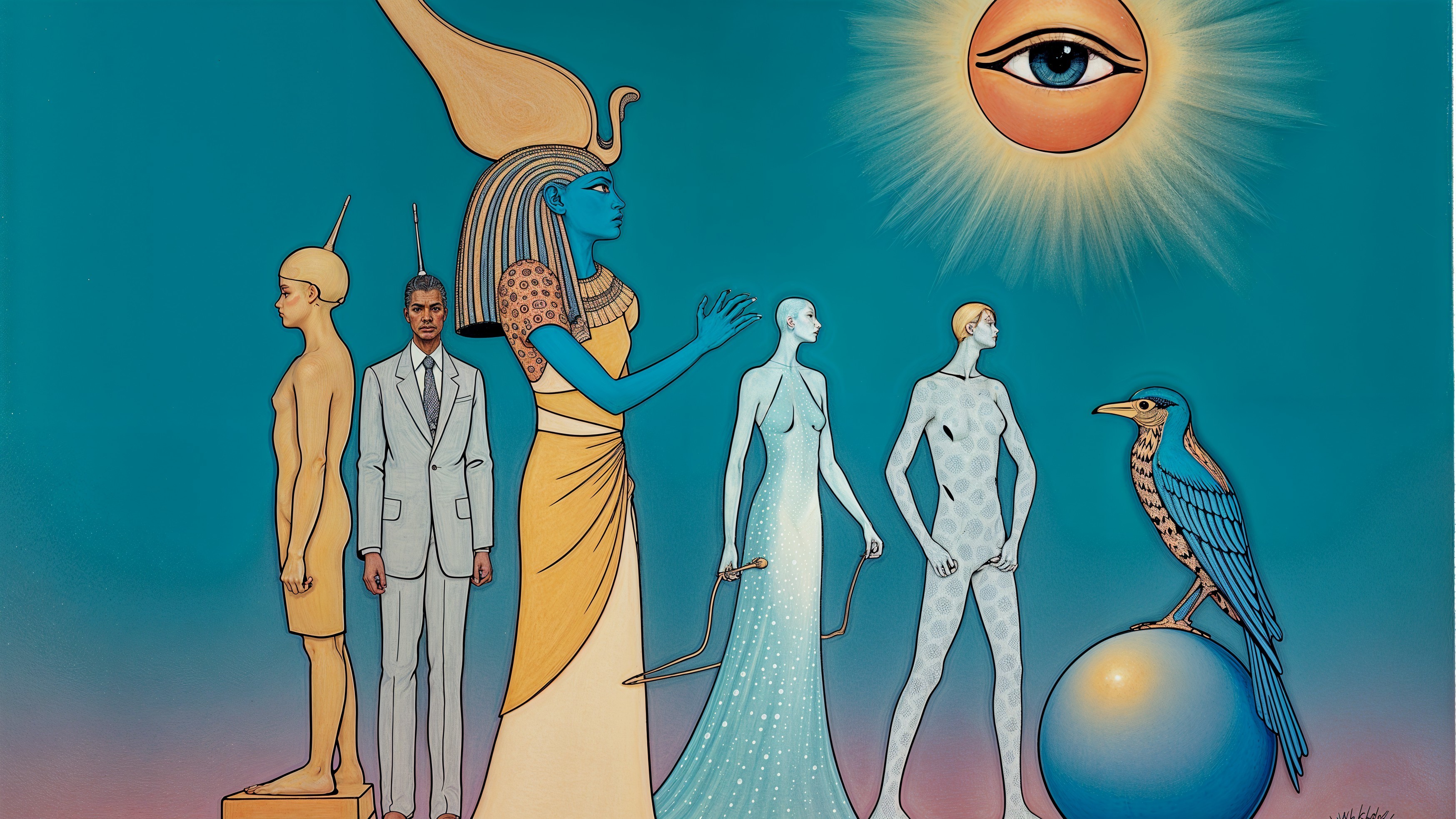 Surreal Scene with Blue-Skinned Figure in Egyptian Attire