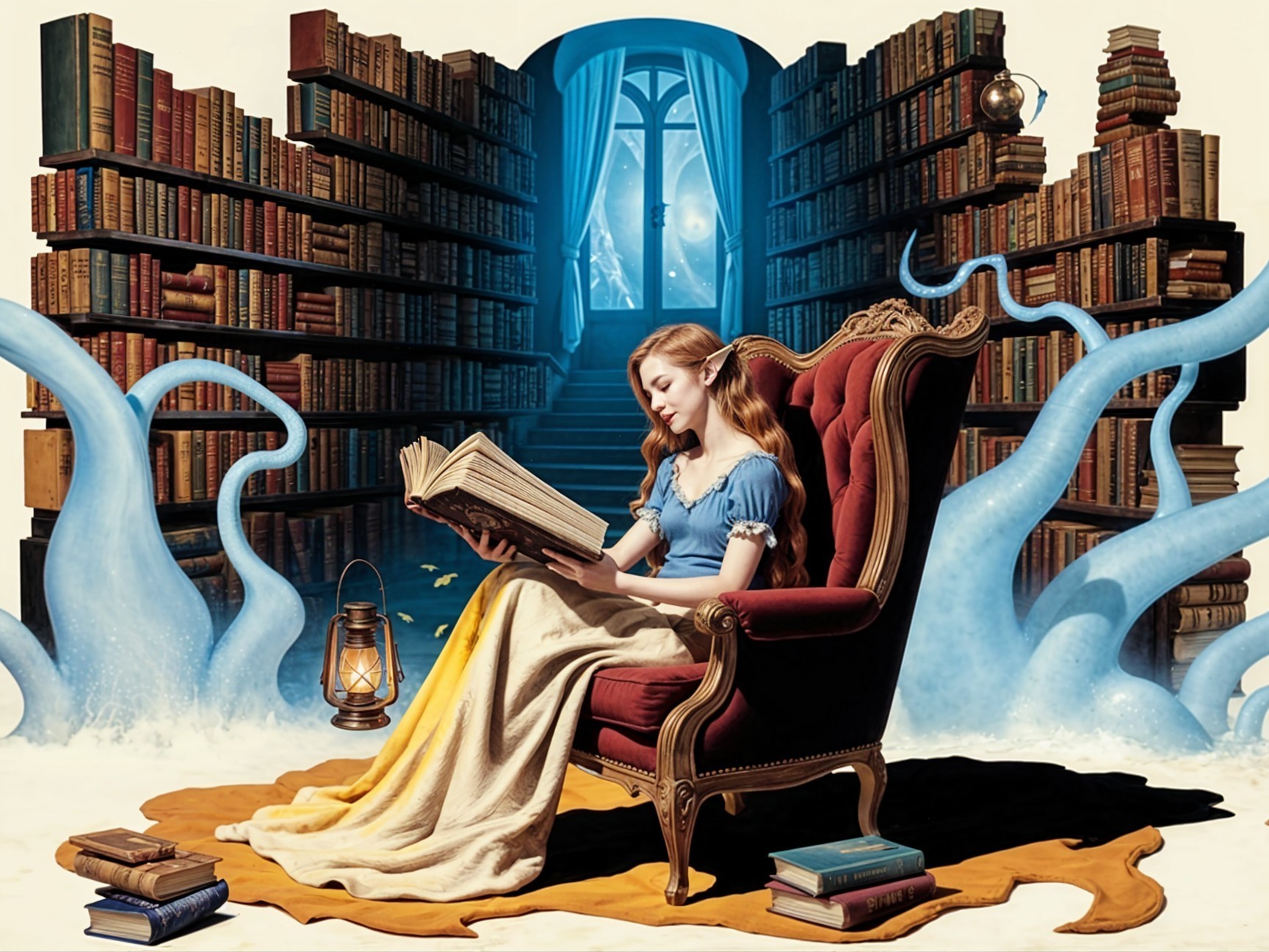 Whimsical Library Scene with Young Woman Reading