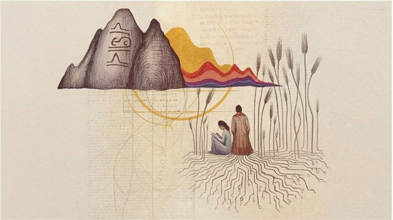 Serene Landscape with Mountains and Colorful Lines