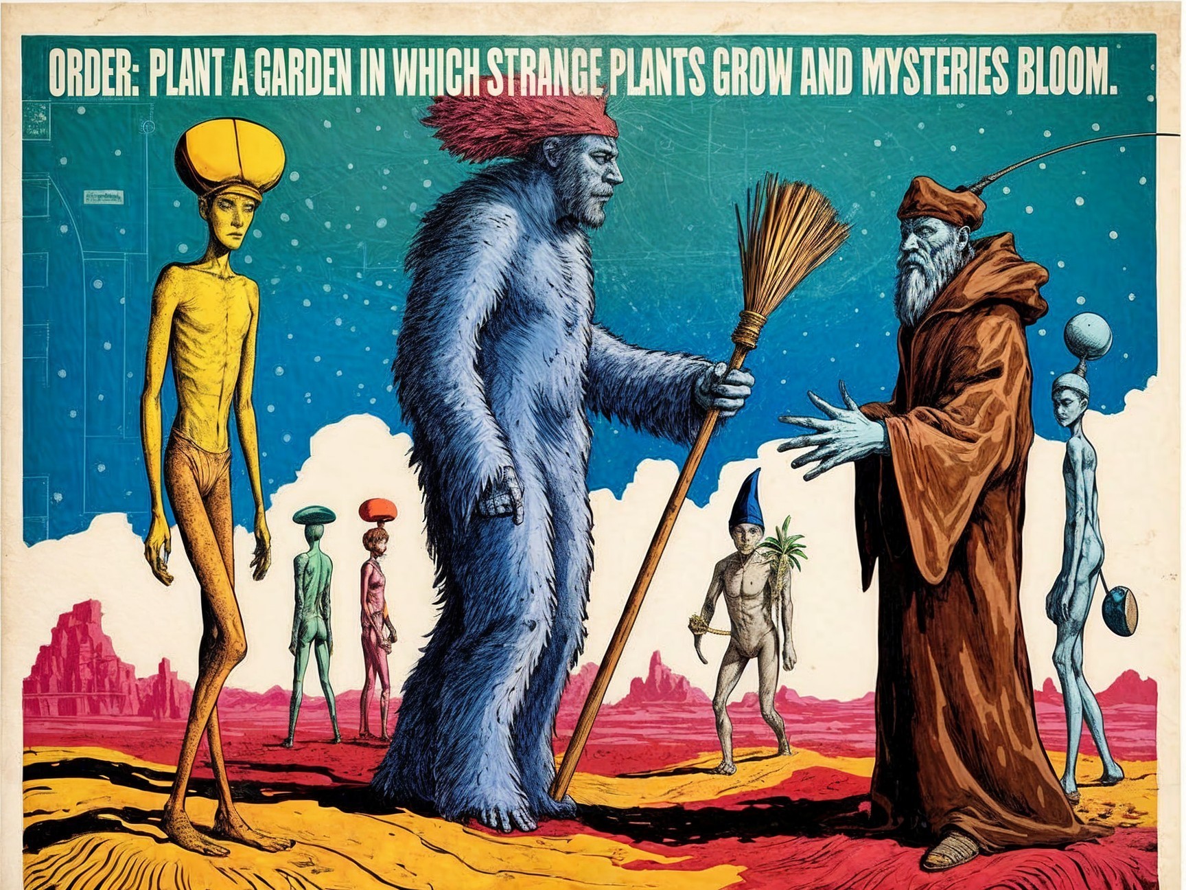 Surreal Landscape with Colorful Plants and Characters