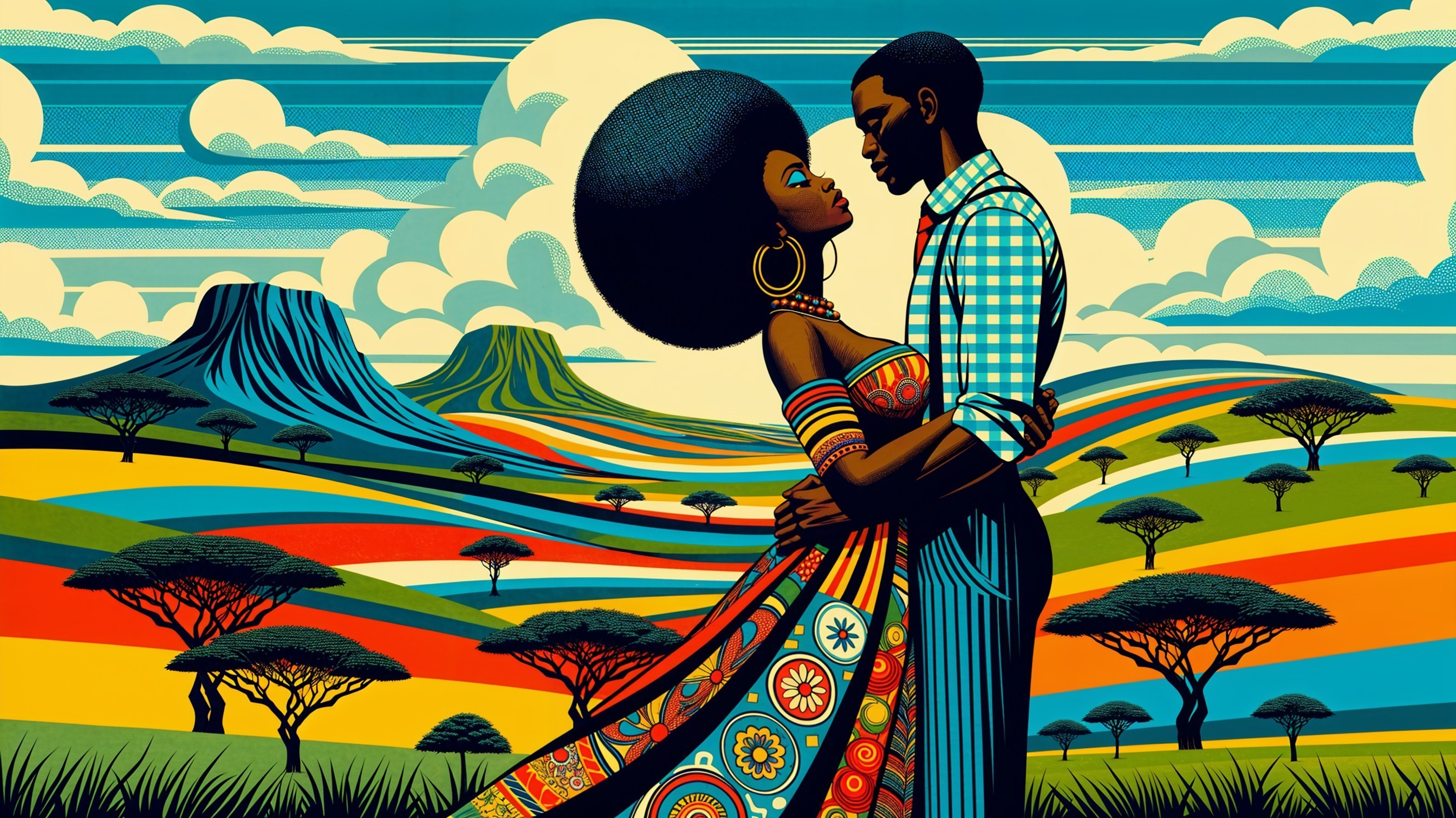 Couple Embracing in Vibrant Stylized Landscape
