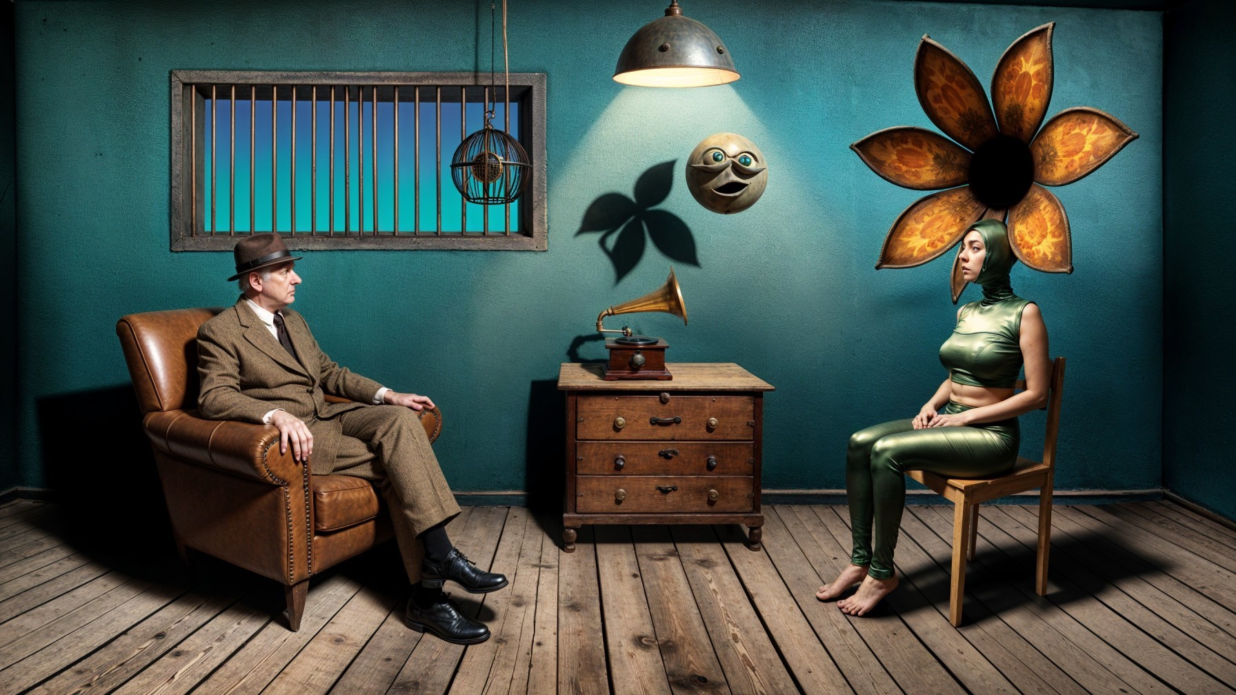 Surreal Room with Teal Walls and Unique Characters