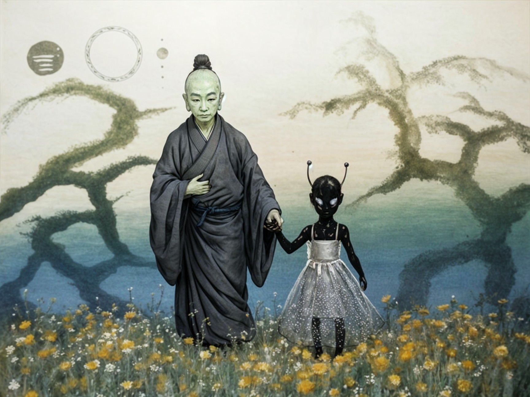 Elderly Figure and Alien Child in Colorful Field