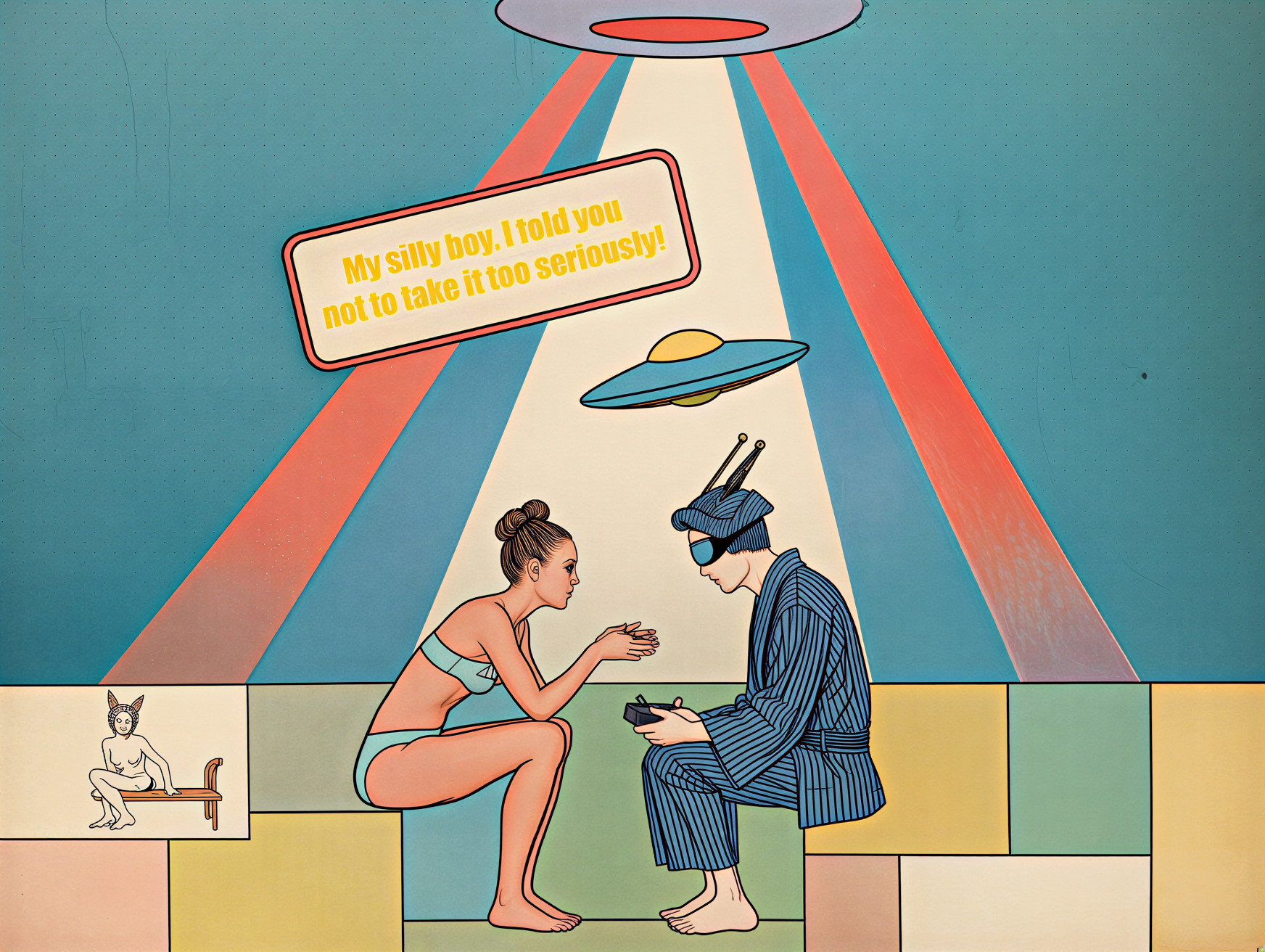 Whimsical Retro Scene with UFO and Playful Conversation