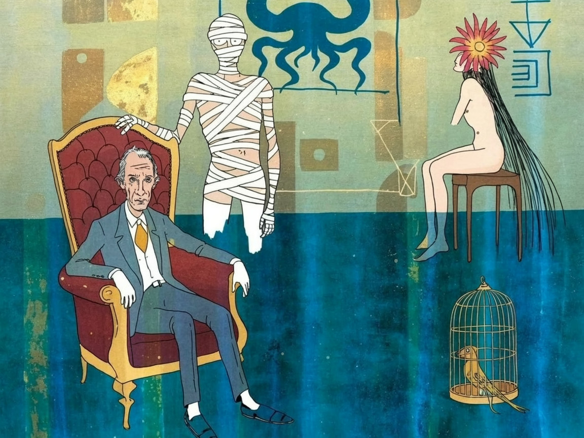 Surreal Scene with Man, Mummy, and Flower-Headed Woman