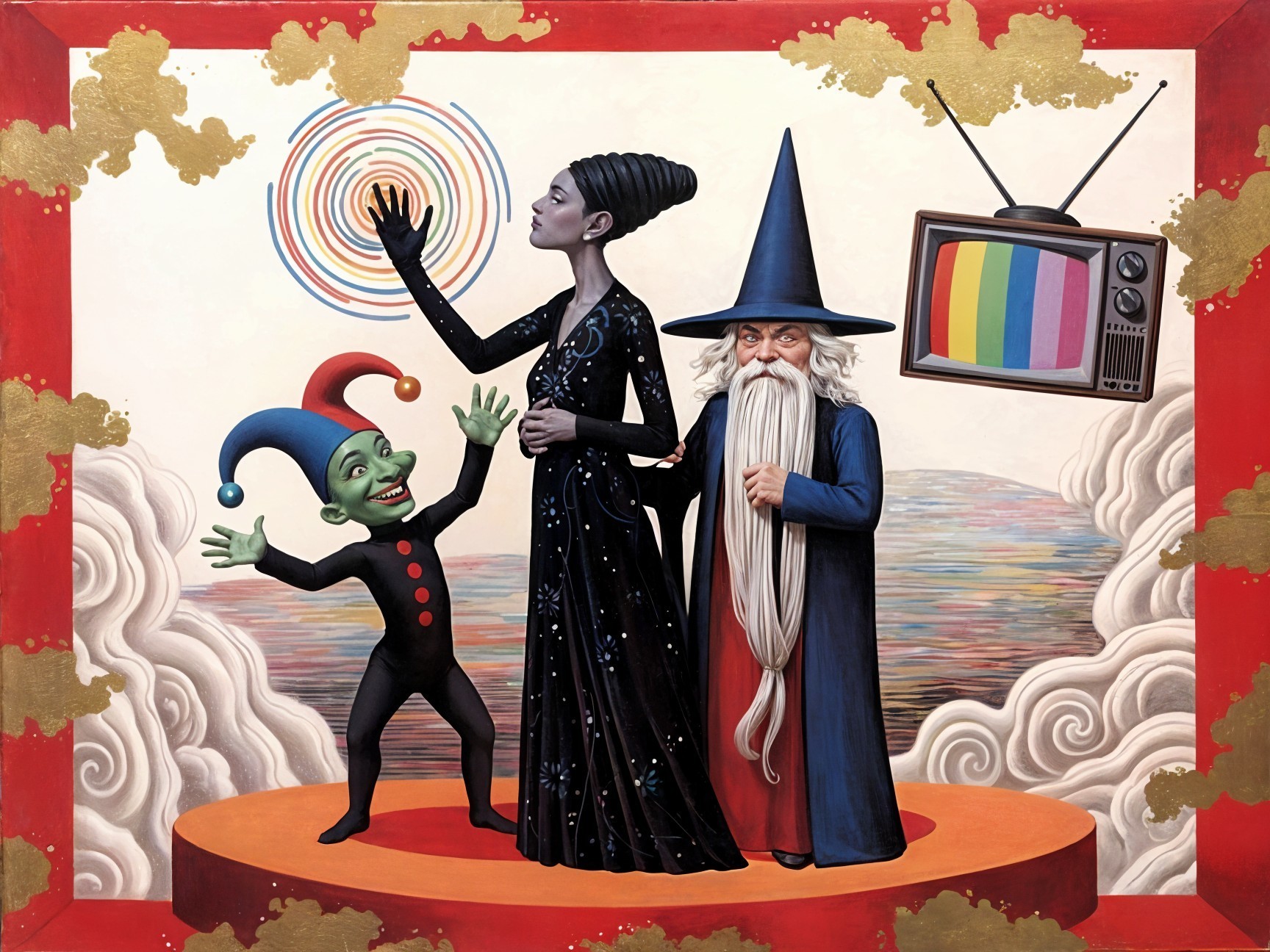 Whimsical Scene with Characters in Dreamy Landscape