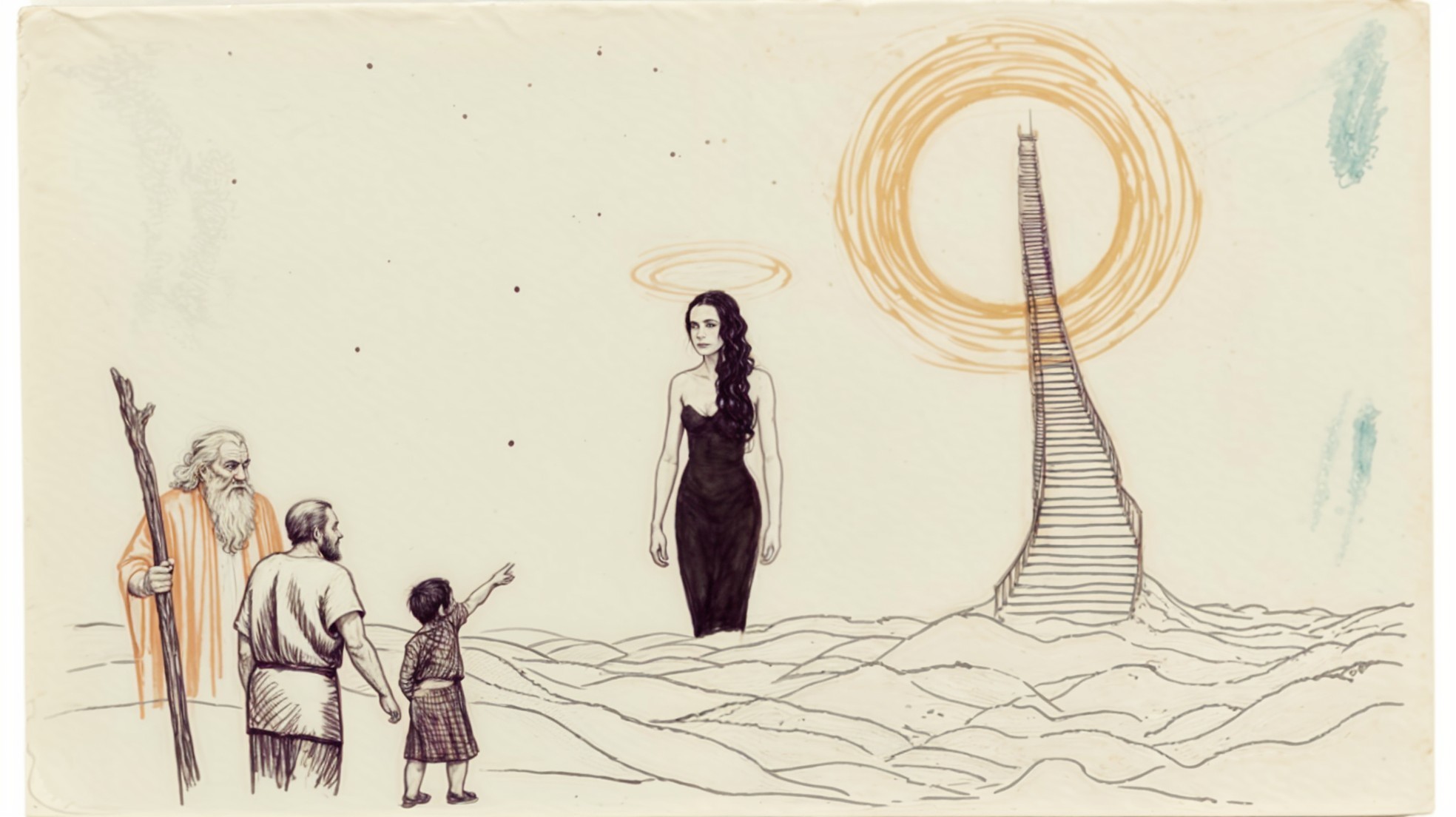 Surreal Landscape with Figures and Towering Structure