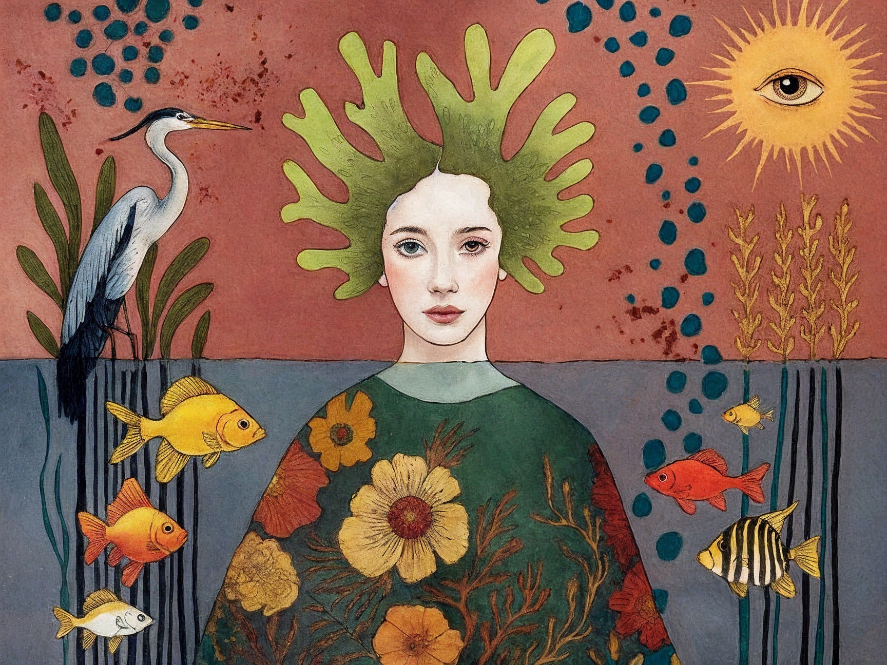 Serene Woman with Leaf Hair and Aquatic Elements