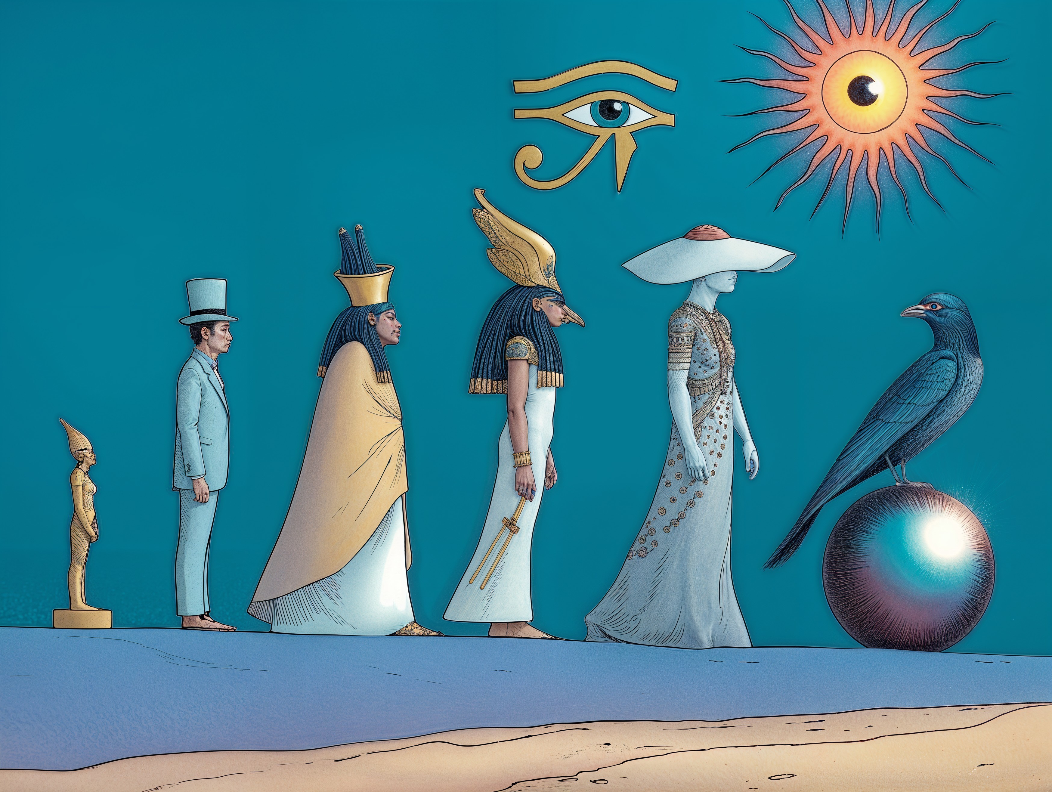 Egyptian Motifs in a Stylized Procession Illustration