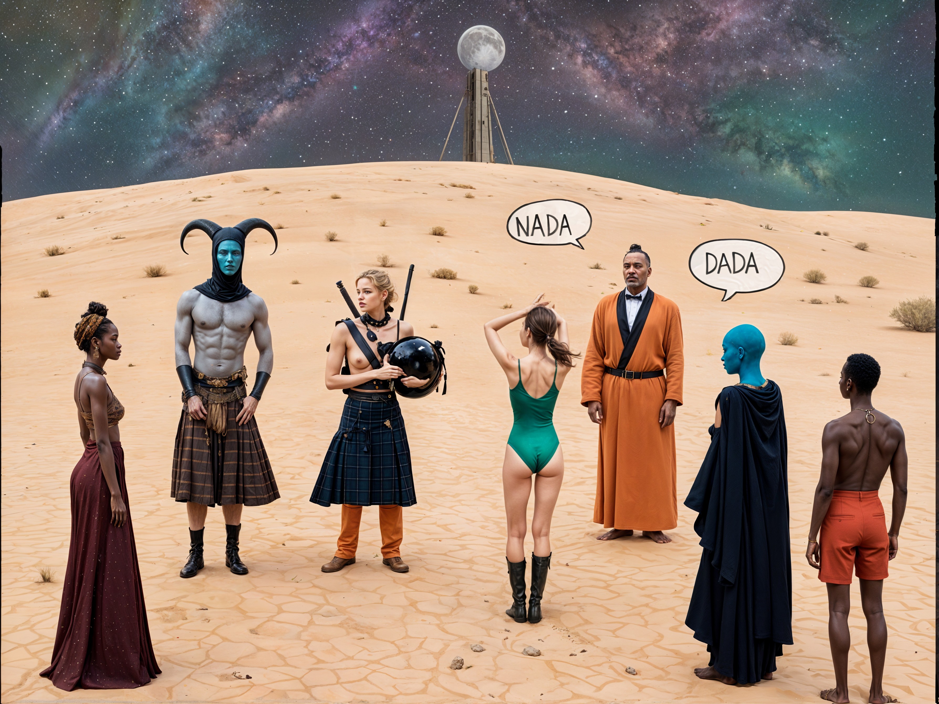 Surreal Desert Scene with Diverse Characters and Speech Bubbles