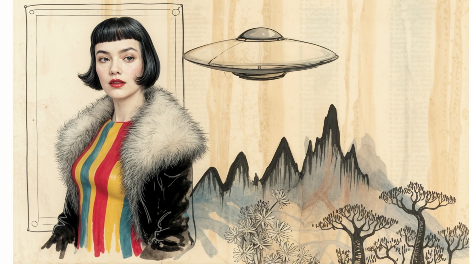 Stylish Woman in Colorful Outfit with UFO and Mountains