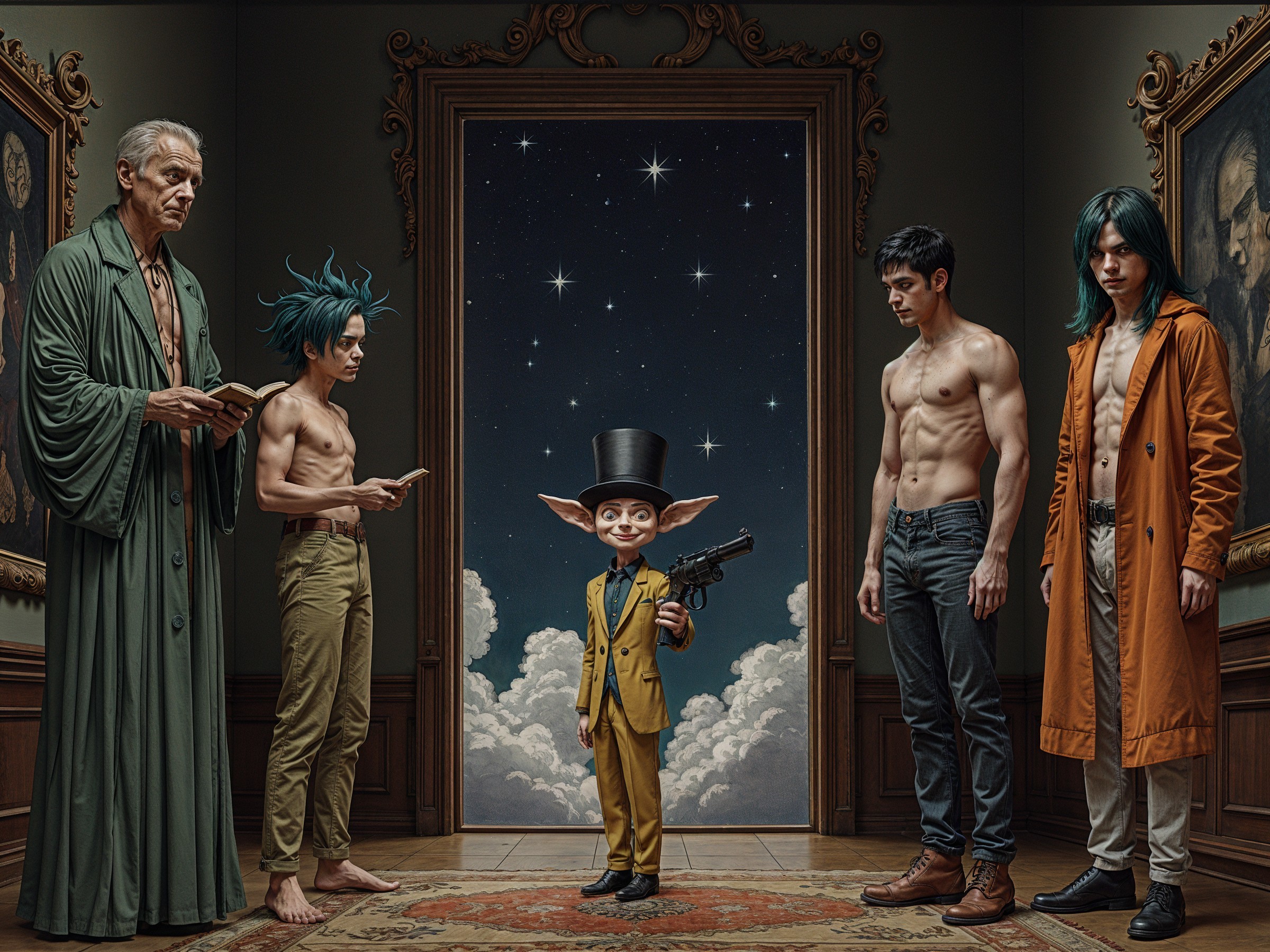 Surreal Scene with Unique Characters in Grand Room