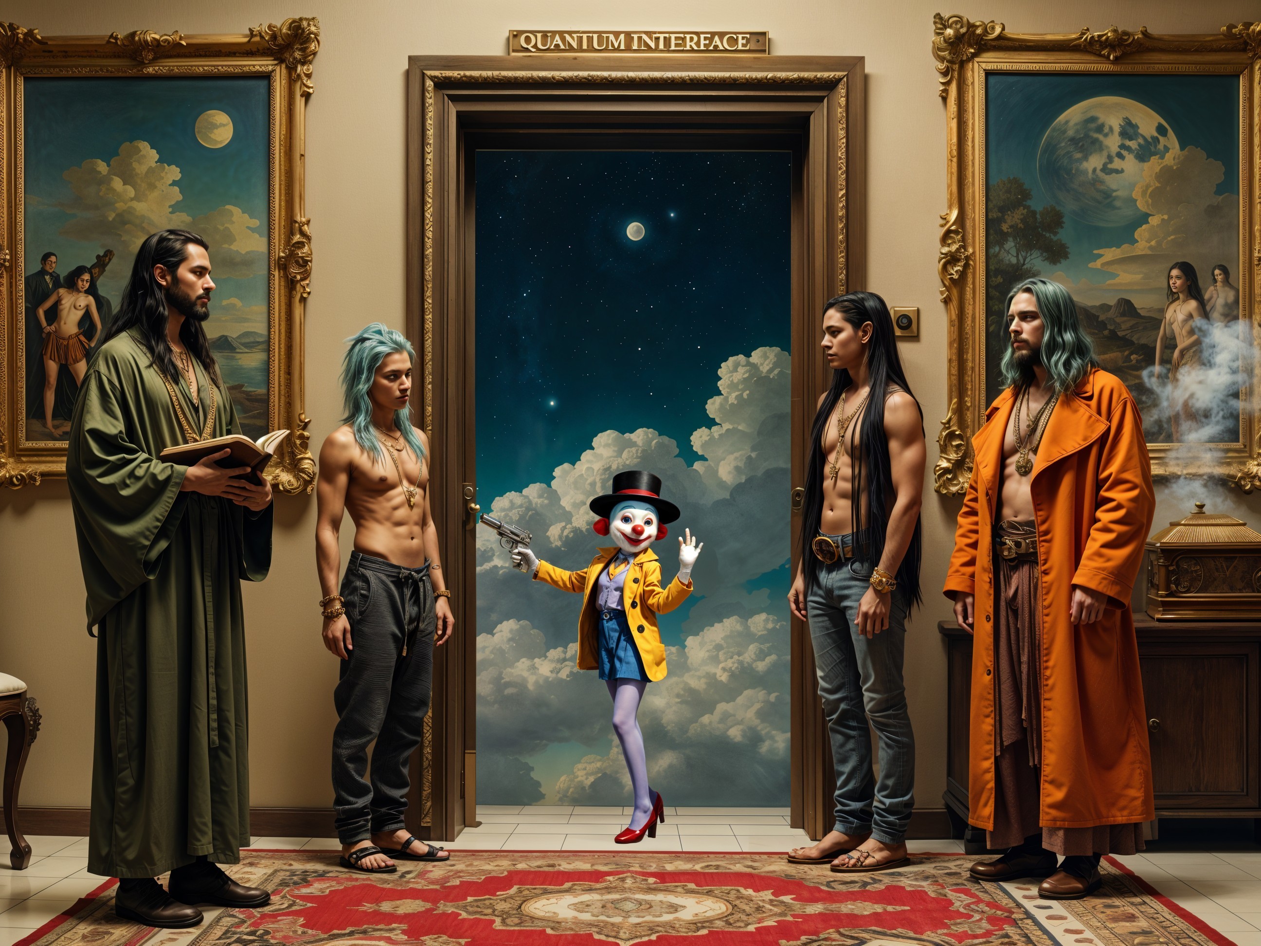 Surreal Scene with Muscular Men and Whimsical Clown