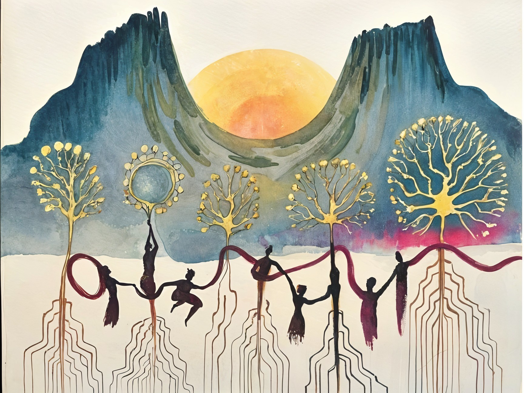 Vibrant Artwork with Stylized Figures and Surreal Trees