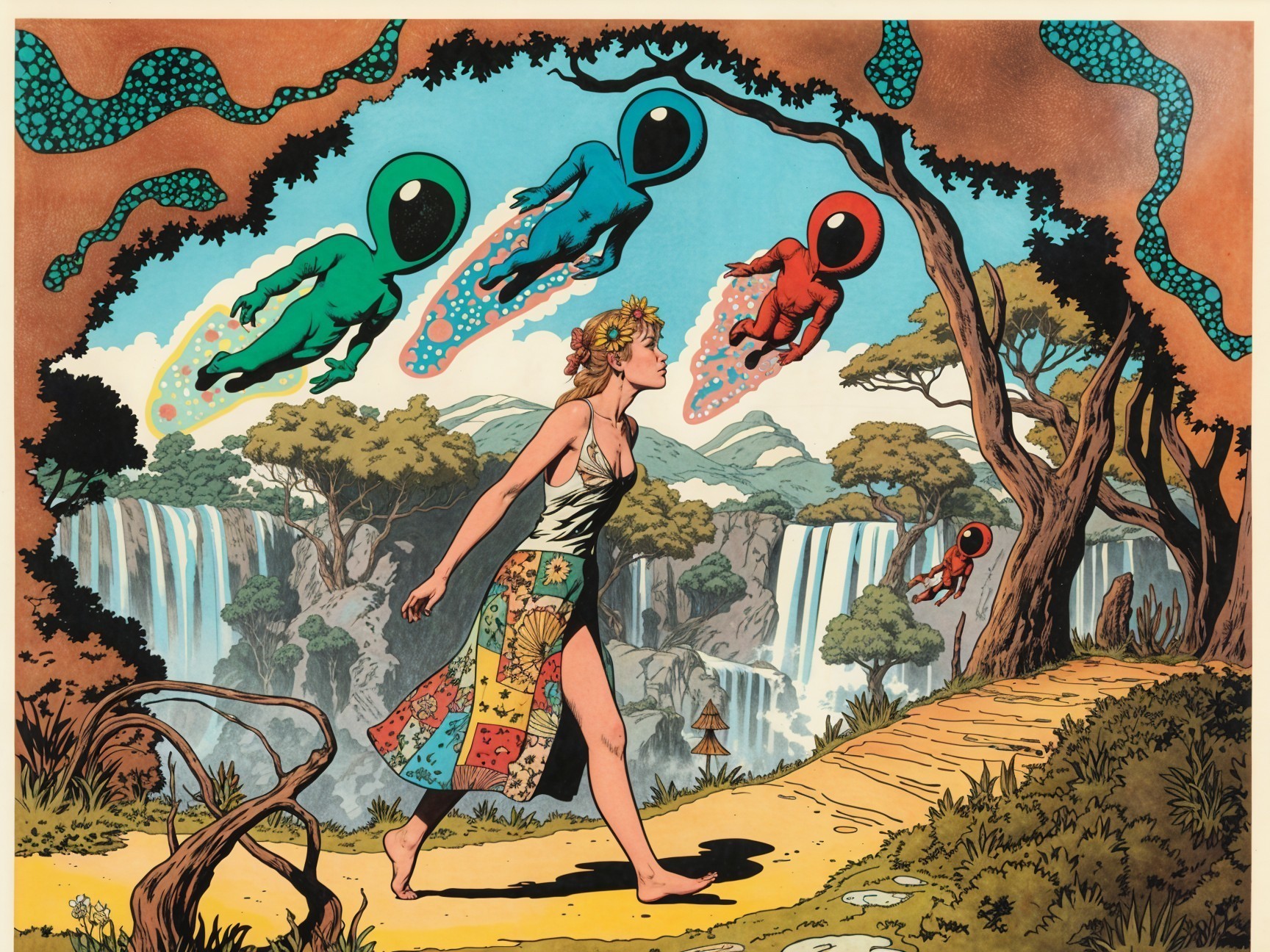 Whimsical scene of a woman in a vibrant landscape