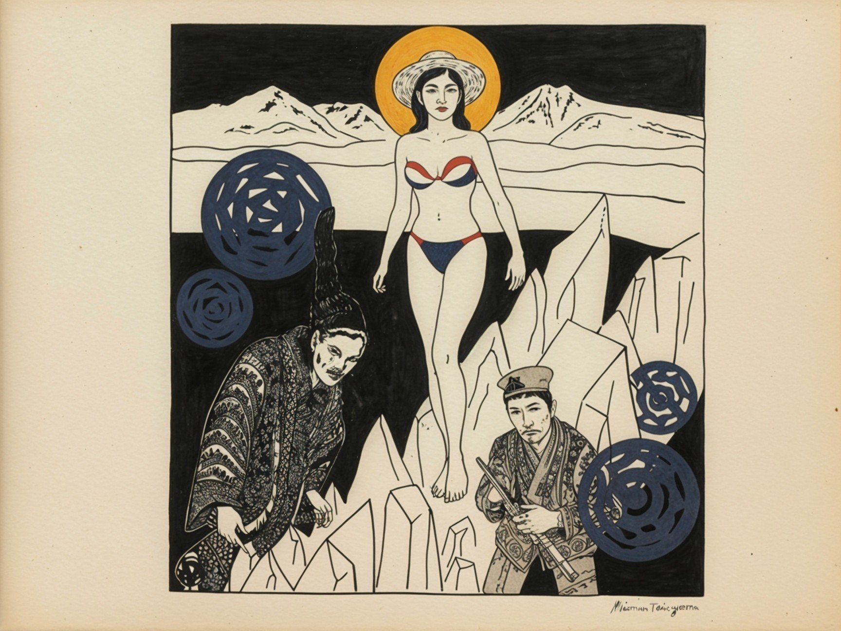 Woman in Red Bikini on Rocky Landscape with Figures