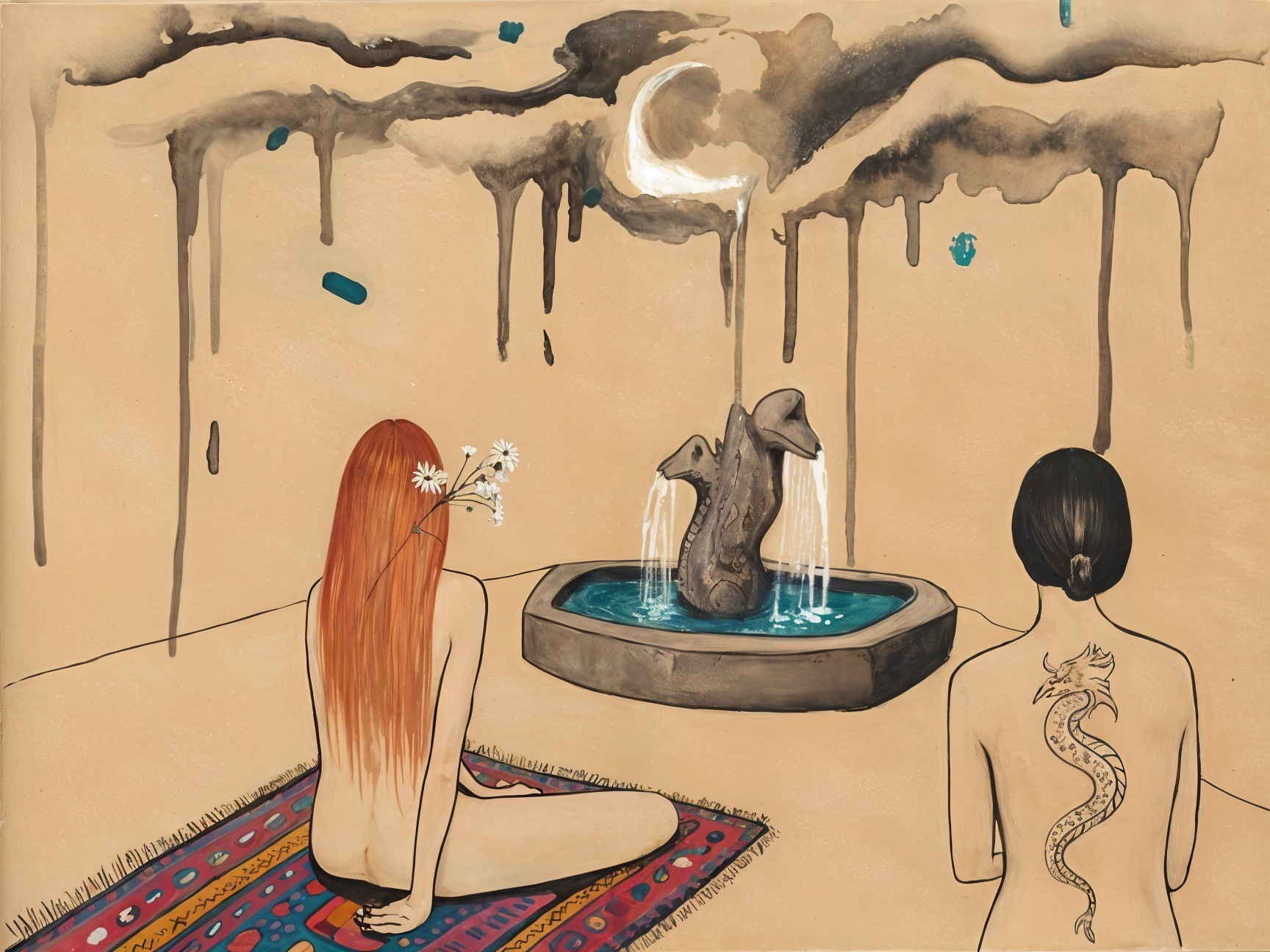 Nude Figures by Fountain on Vibrant Rug in Minimalist Scene