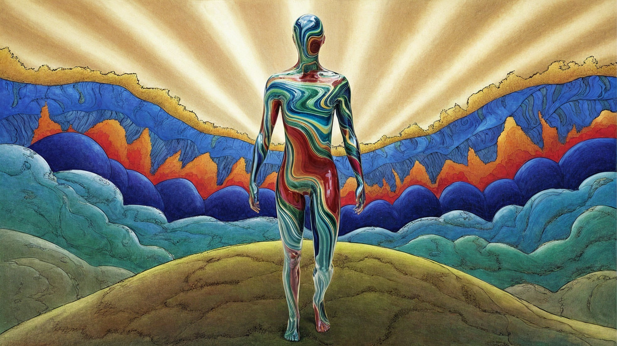Abstract Figure on Colorful Hill with Dramatic Mountains