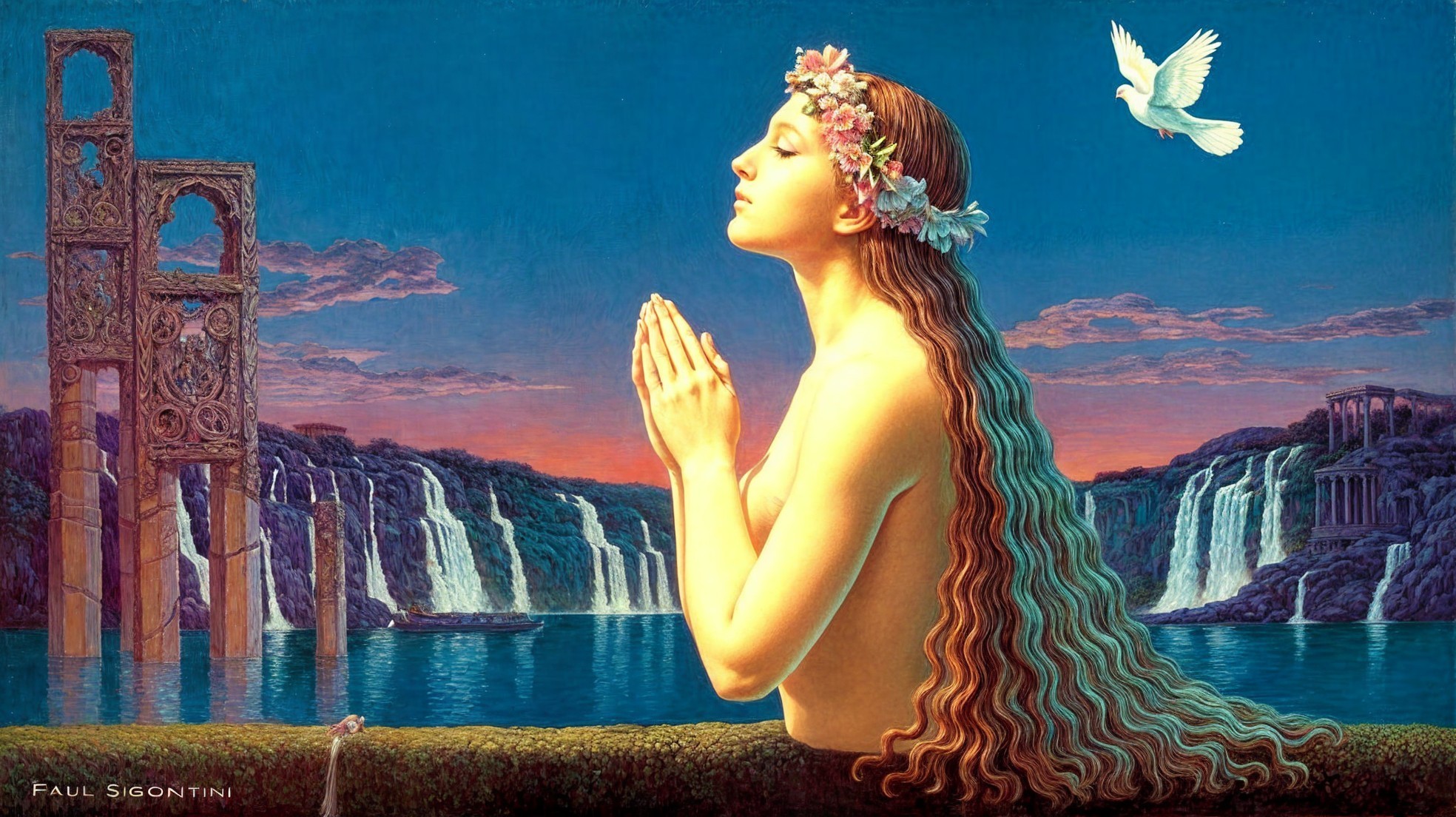 Serene woman with floral crown by tranquil waterfalls
