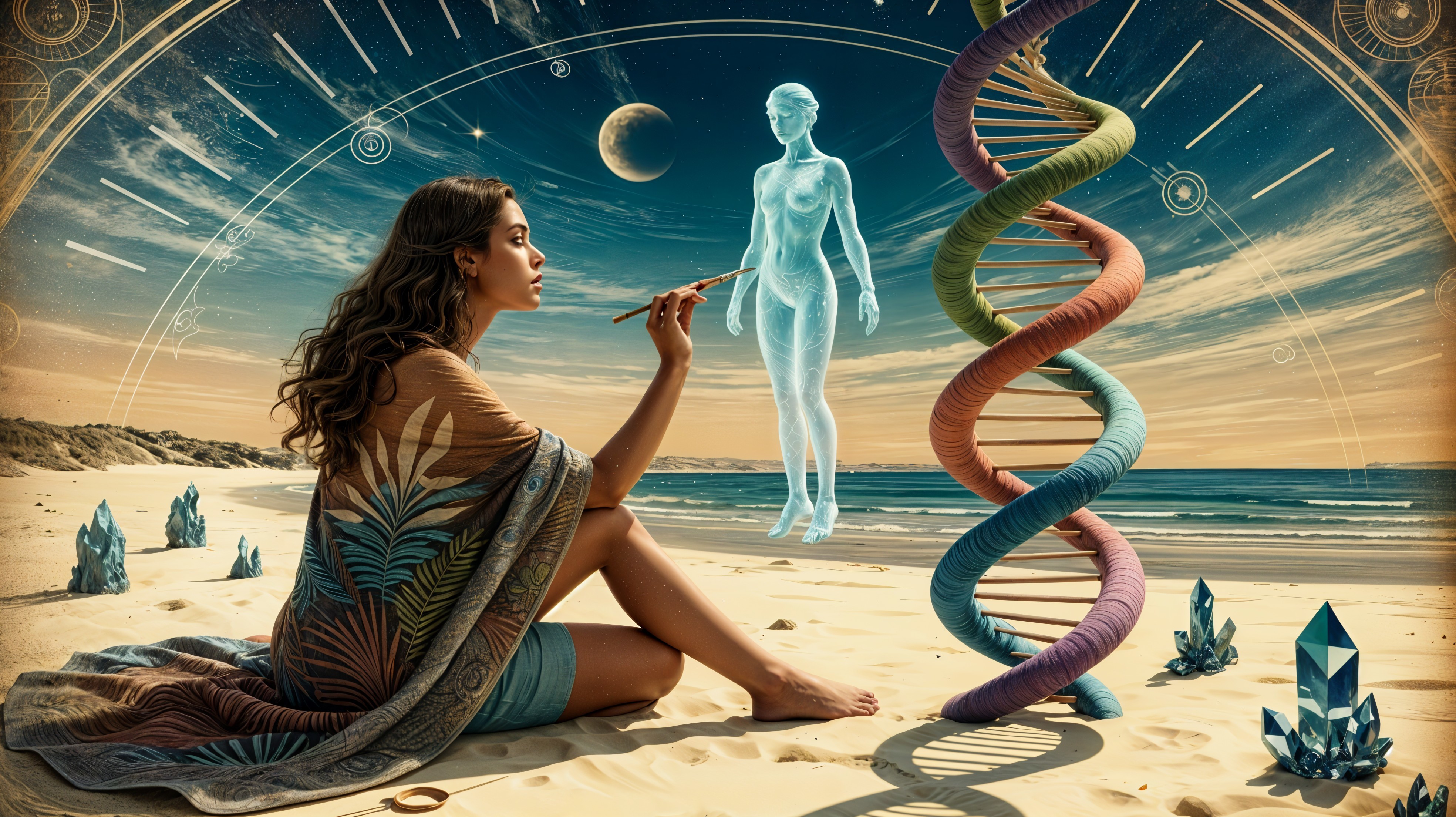Beach Scene with Woman, Hologram, and DNA Strand