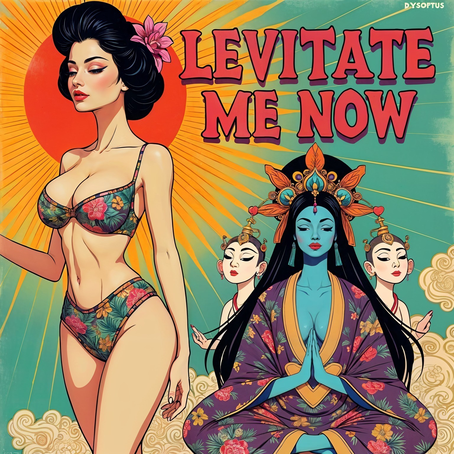 Vibrant Illustration of Woman in Floral Bikini and Figures