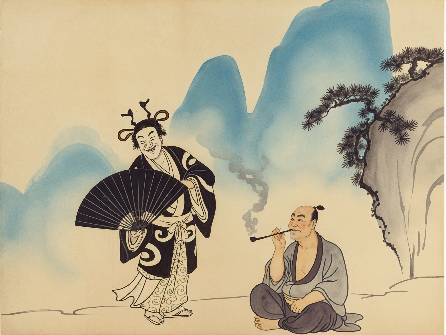 Serene Landscape with Two Figures in Traditional Attire