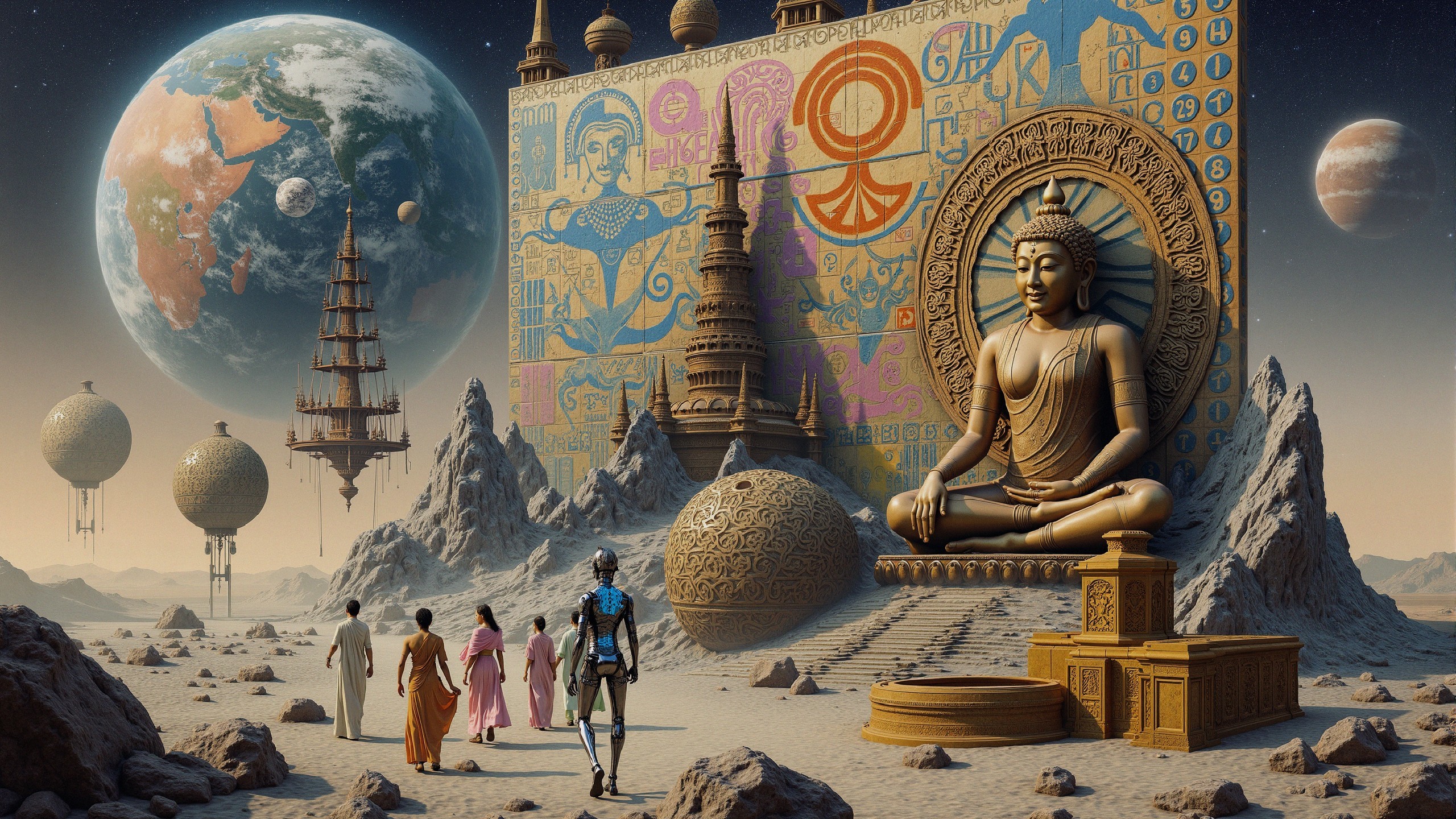 Surreal Landscape with Futuristic Figures and Monuments