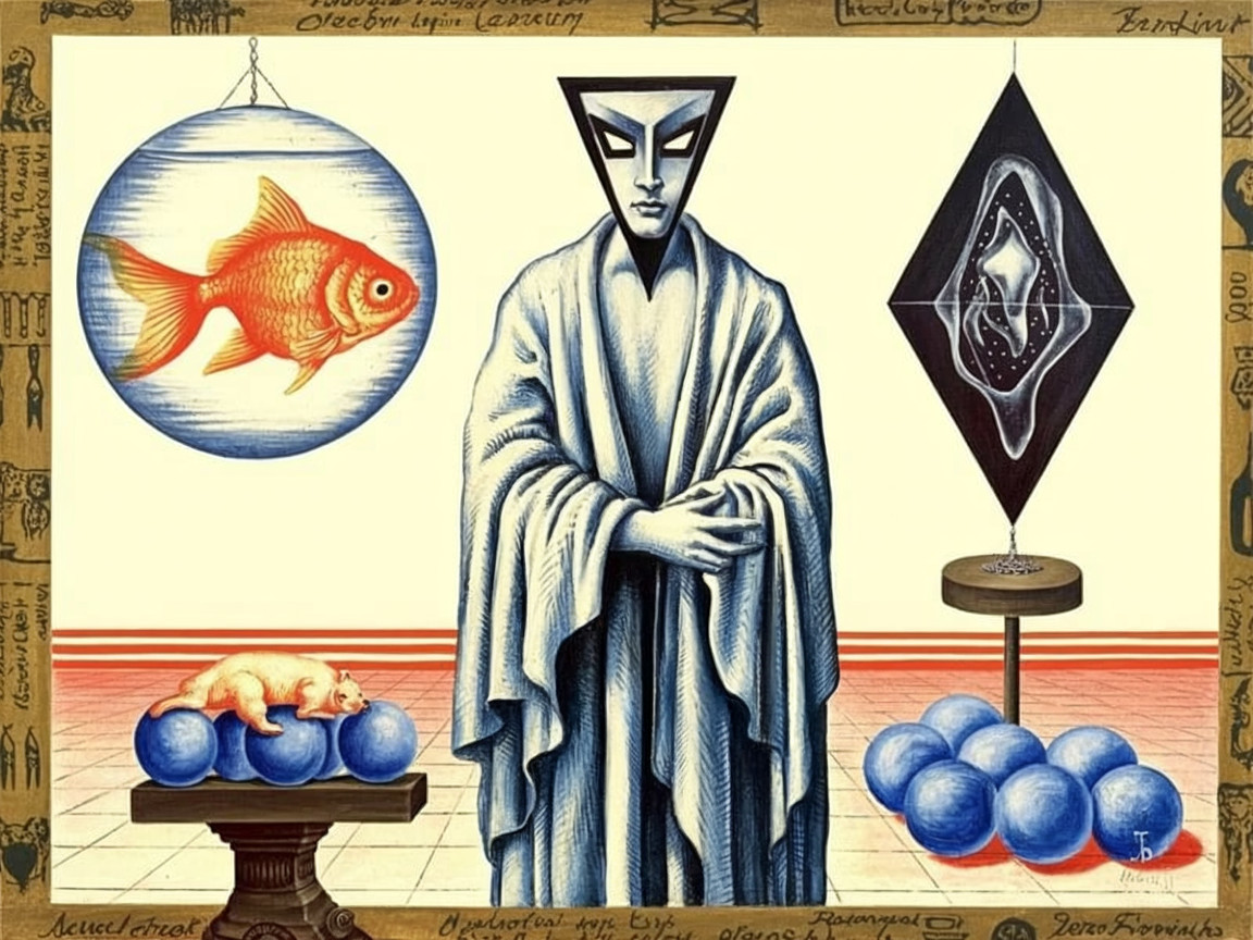 Surreal Scene with Hooded Figure and Geometric Elements