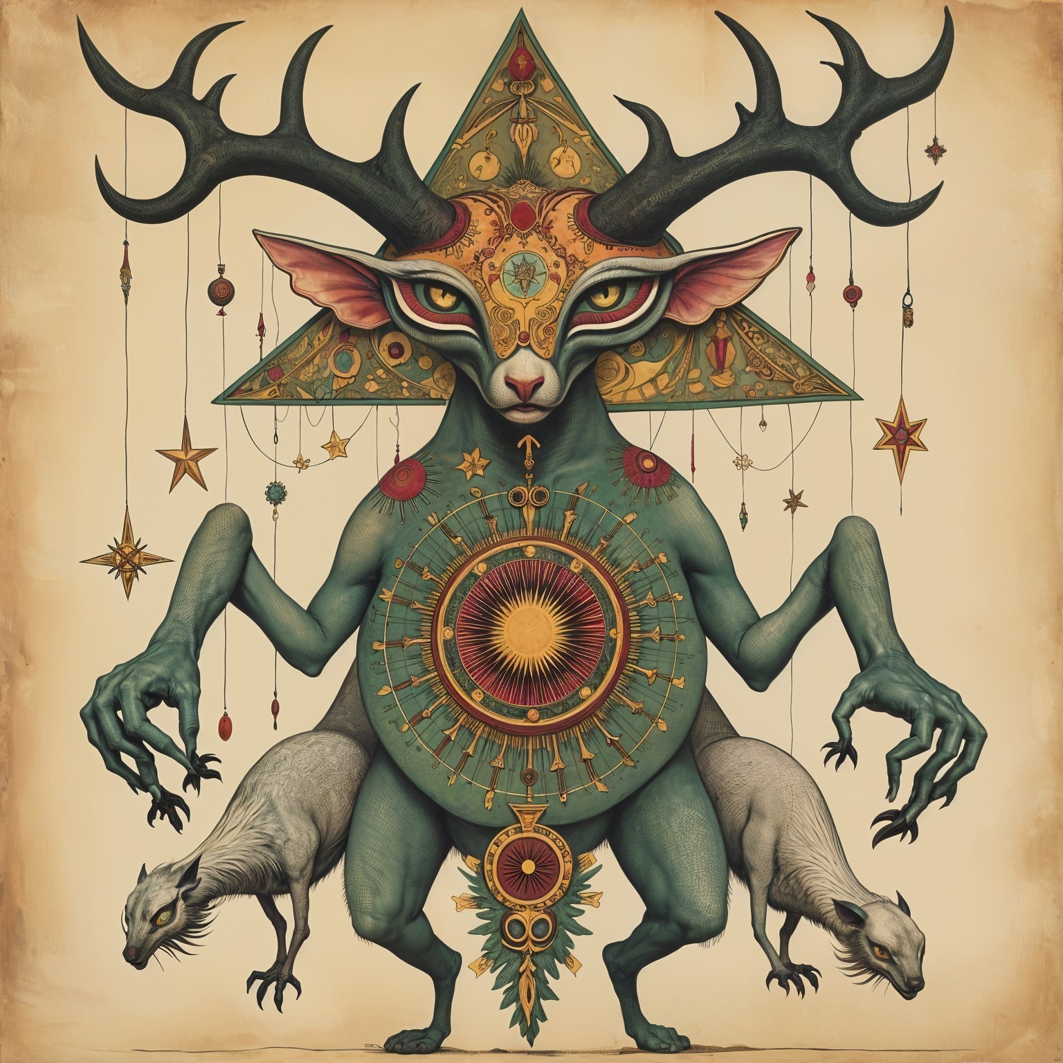 Fantastical creature with antlers and celestial backdrop