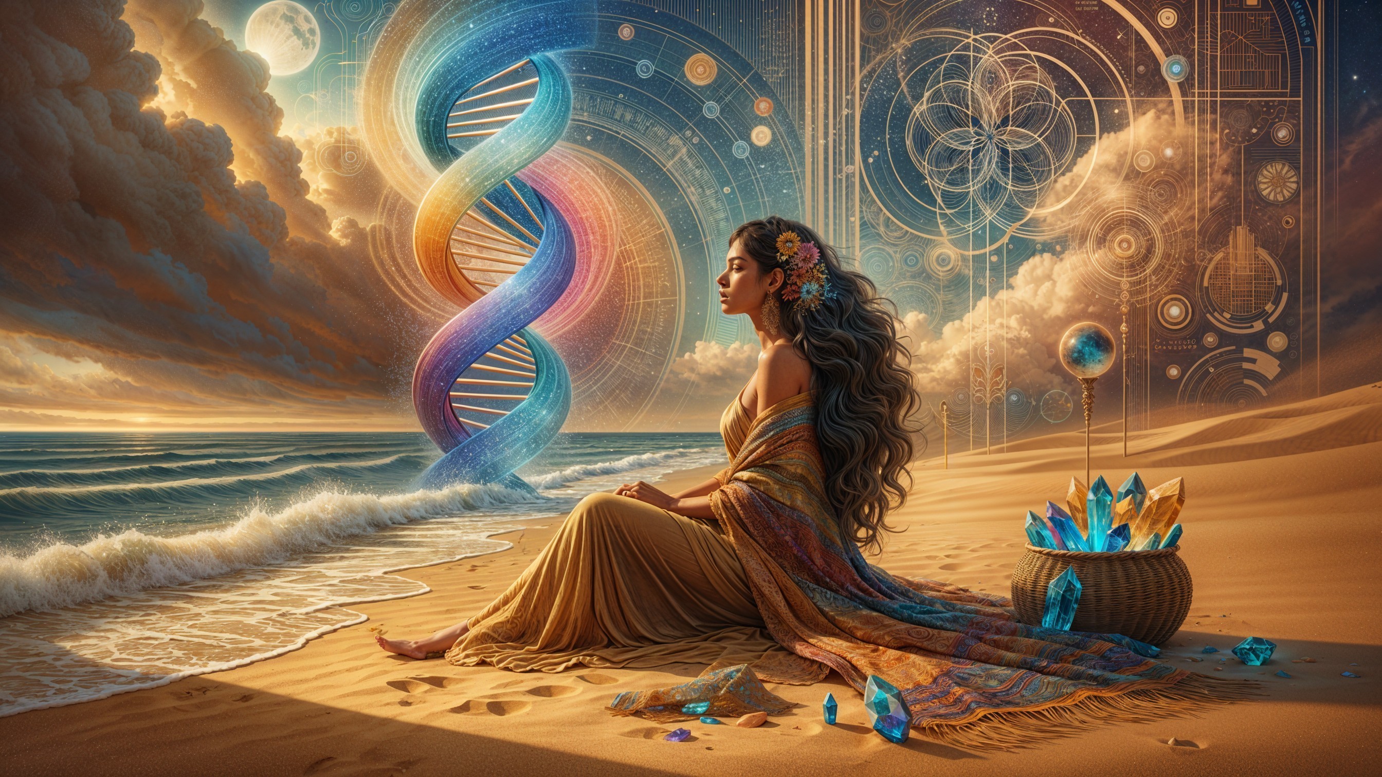 Woman on Beach with DNA Helix and Crystals