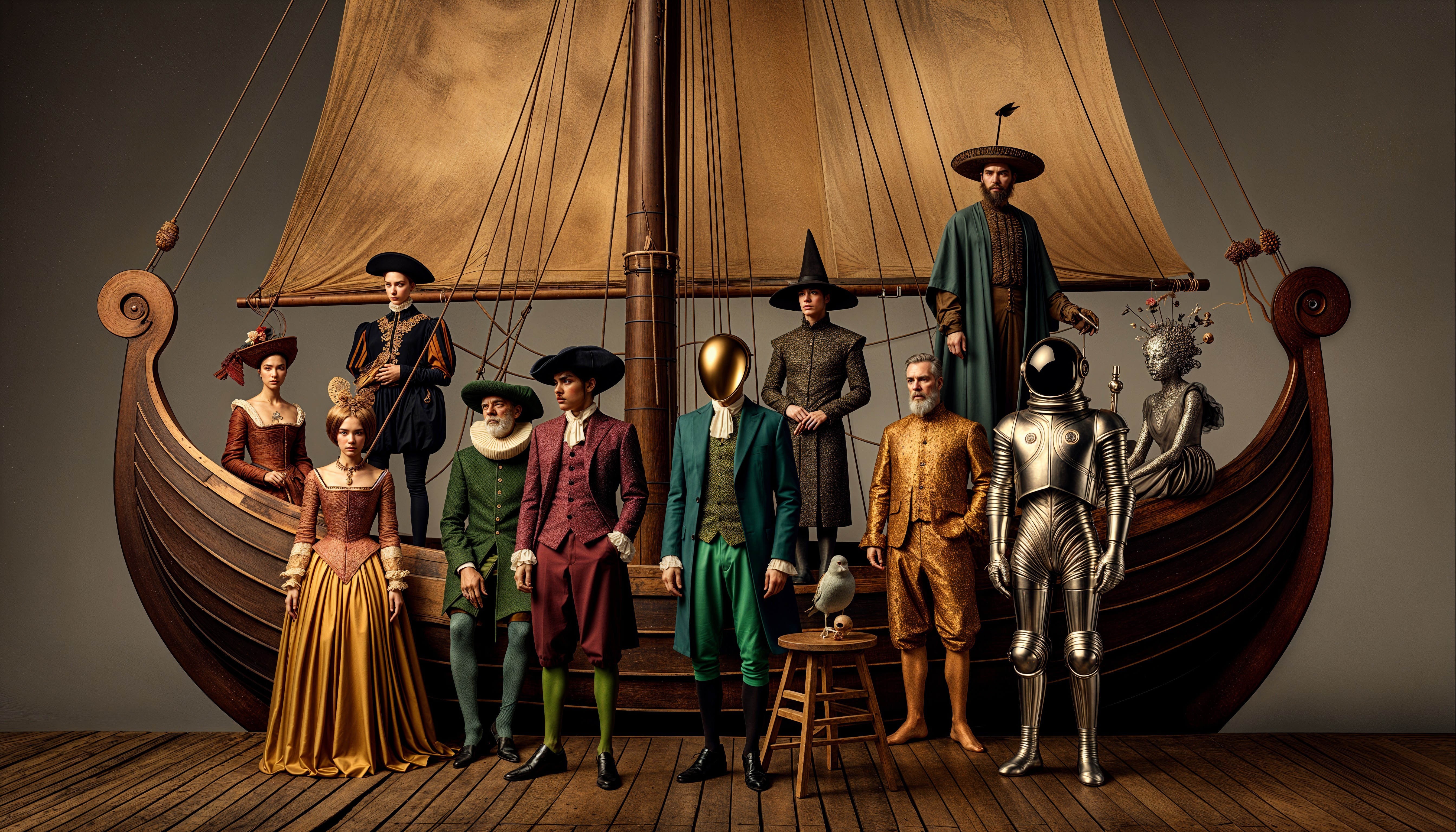 Old sailing ship with nine people and a seagull