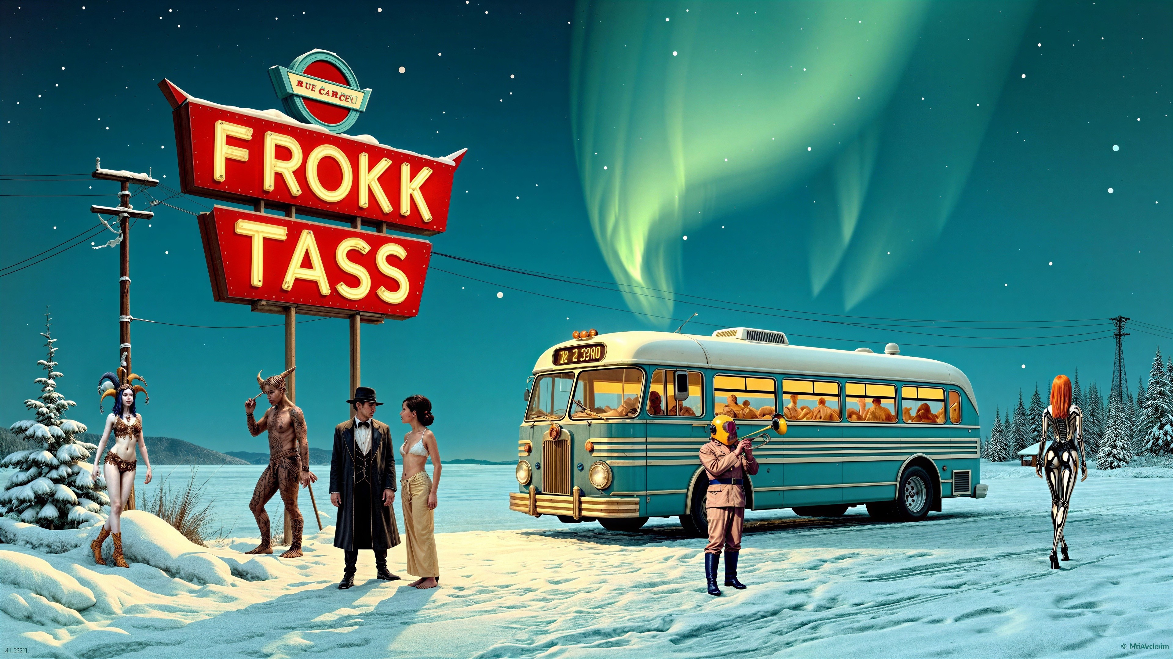 Surreal Snowy Landscape with Retro Bus and Aurora